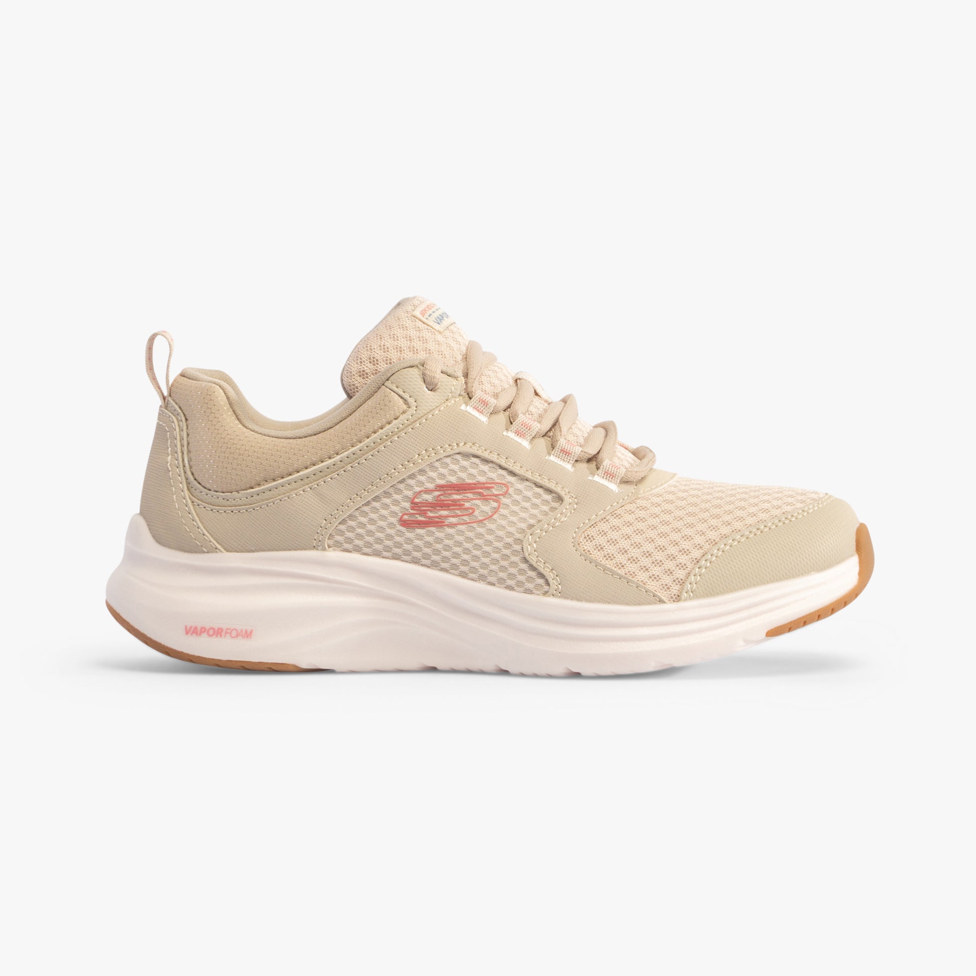Skechers 303937L/NAT VAPOR FOAM - LASTING MOMENT Girls Trainers Natural side view showing casual synthetic and mesh design.