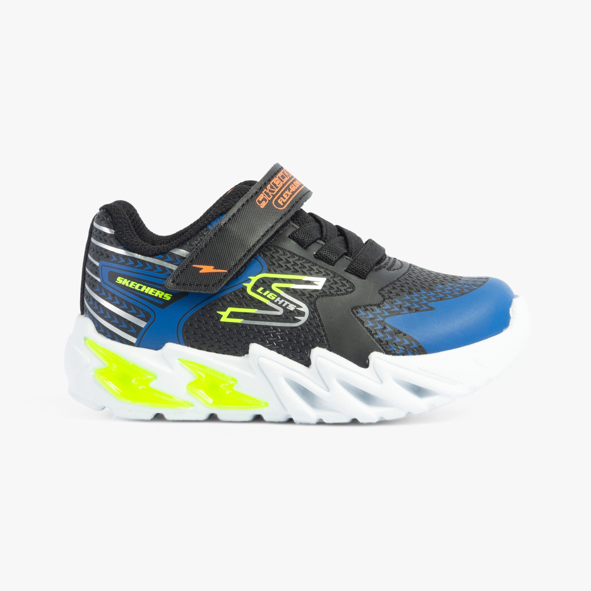 Skechers 400138N/BKBL FLEX-GLOW BOLT Boys Trainers Black/Blue side view with light-up features and sporty design.