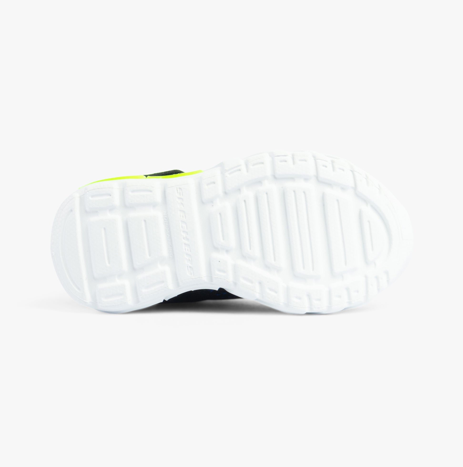 Skechers 400138N/BKBL FLEX-GLOW BOLT Boys Trainers Black/Blue sole view, featuring white and black rubber outsole.