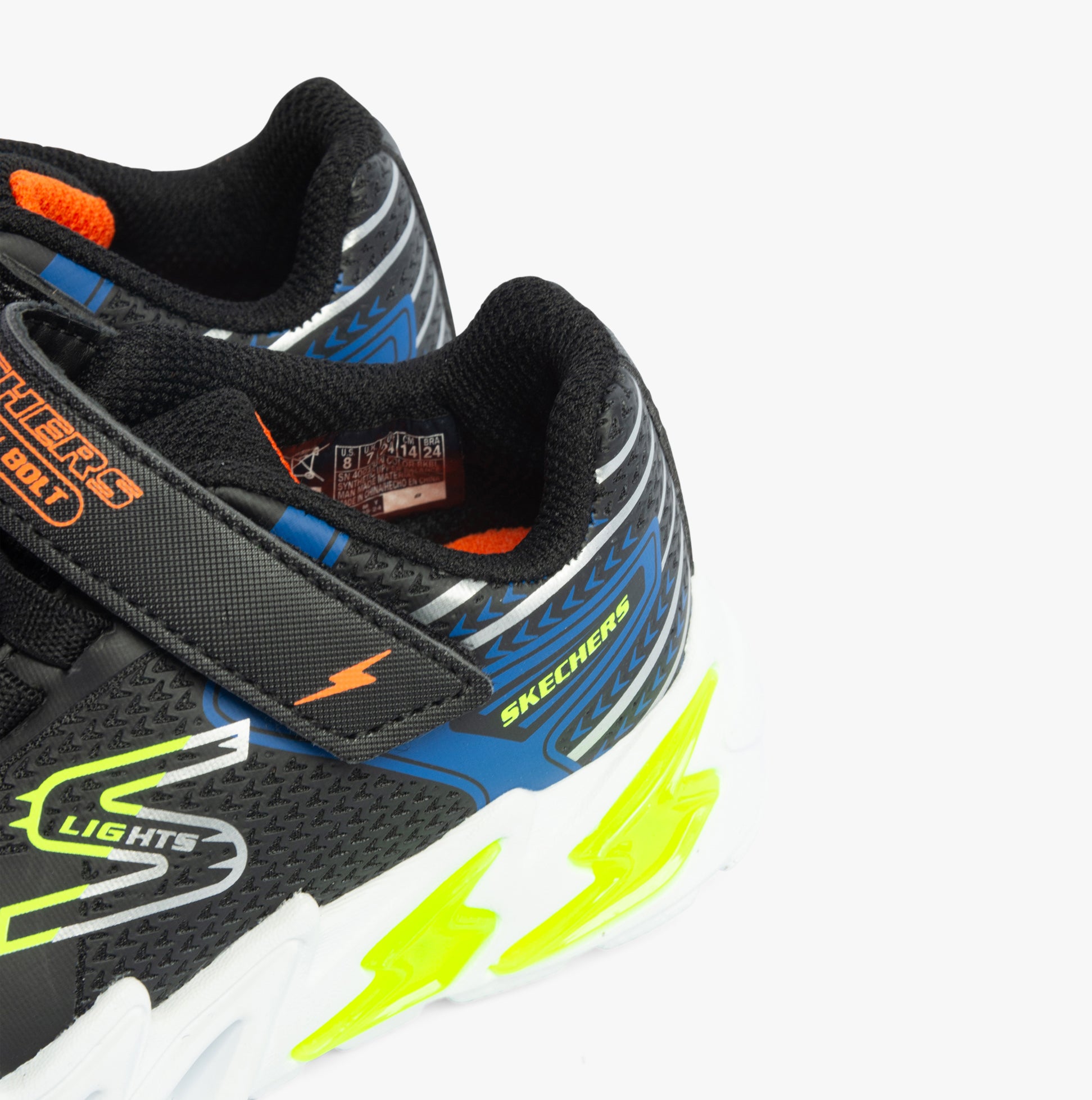 Skechers 400138N/BKBL FLEX-GLOW BOLT Boys Trainers Black/Blue detail view of upper material and design features.