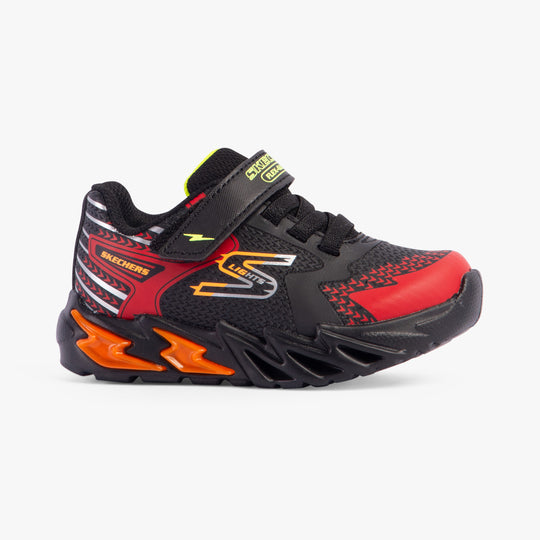 Skechers 400138N/BKRD FLEX-GLOW BOLT Boys Trainers Black/Red side view, featuring lightweight design and light-up elements.