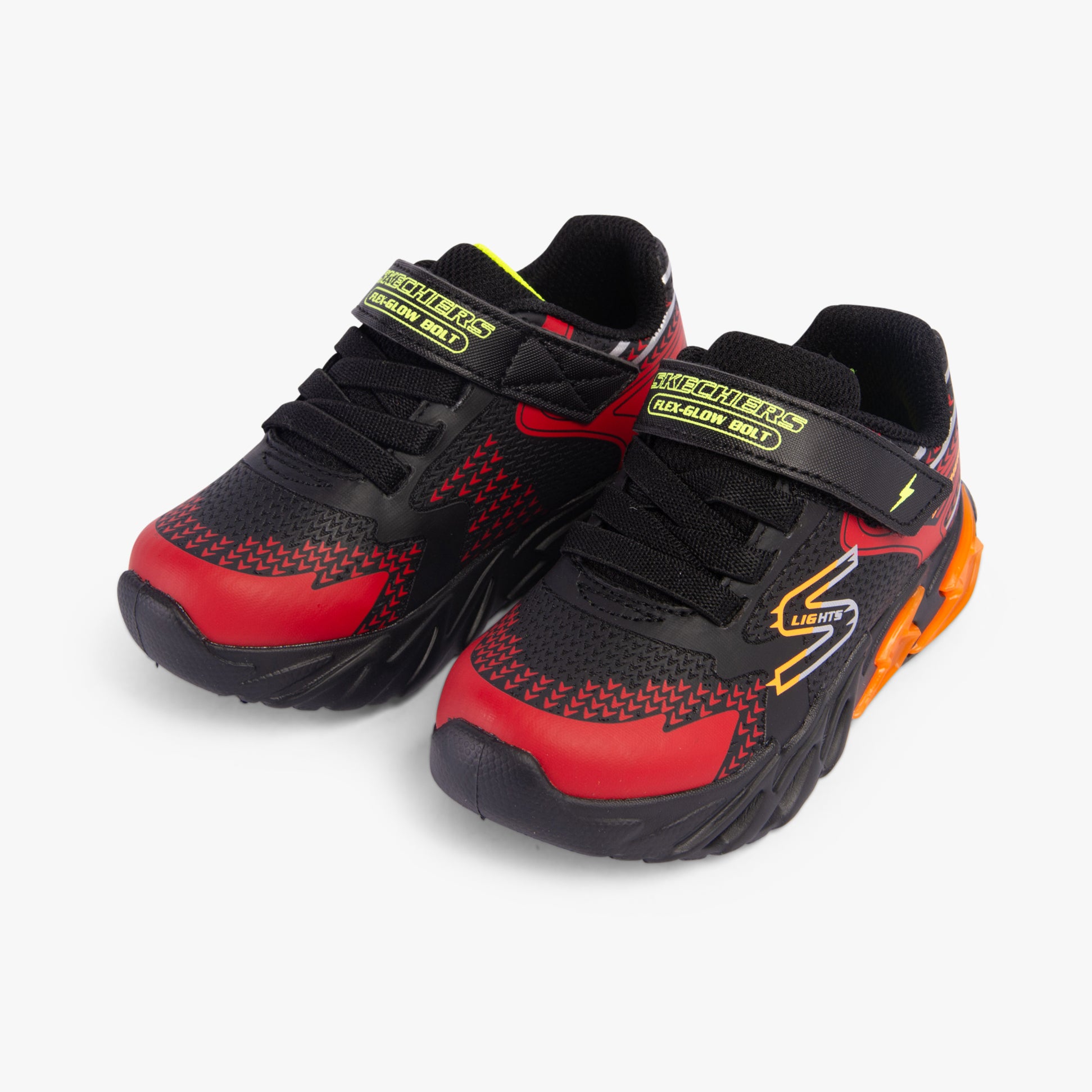 Skechers 400138N/BKRD FLEX-GLOW BOLT Boys Trainers Black/Red side view showing light-up features and lace-up design.