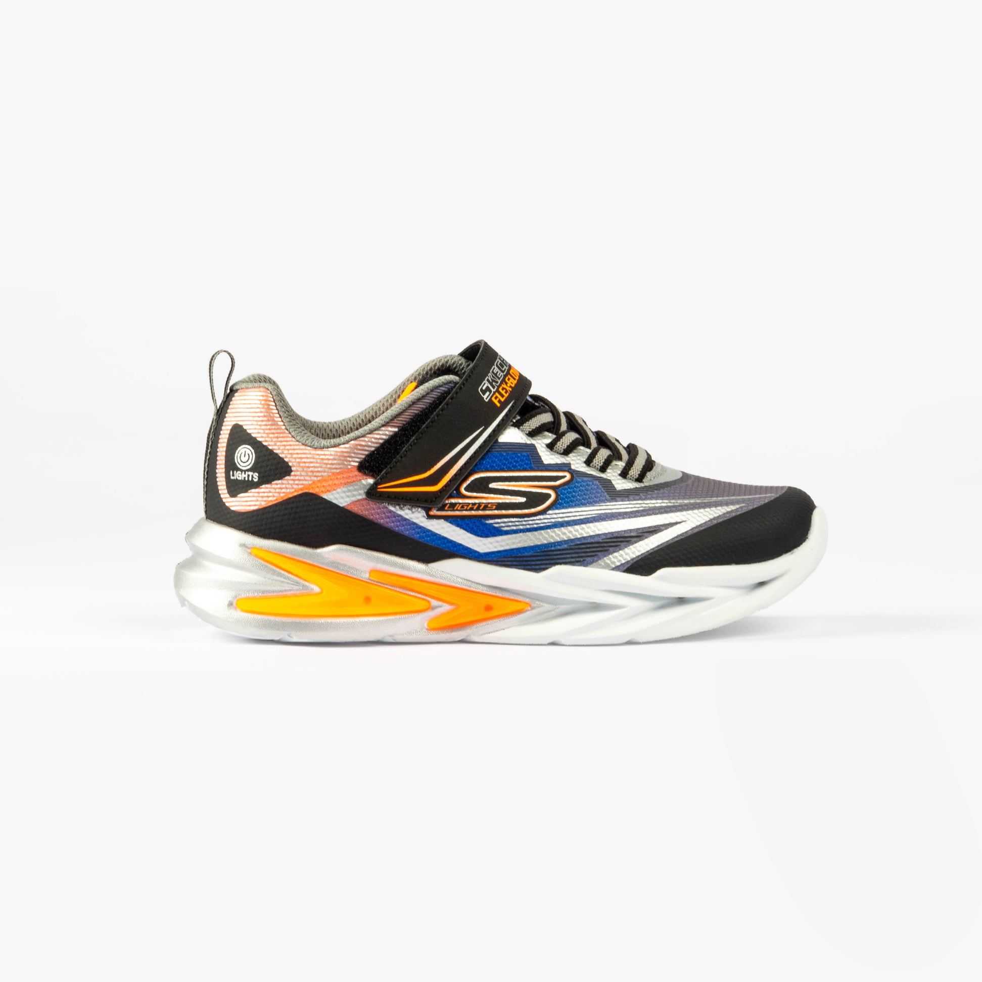 Skechers 400139N/BKSL S LIGHTS FLEX-GLOW ULTRA Boys Trainers Black/Silver side view showcasing vibrant design and lightweight features.