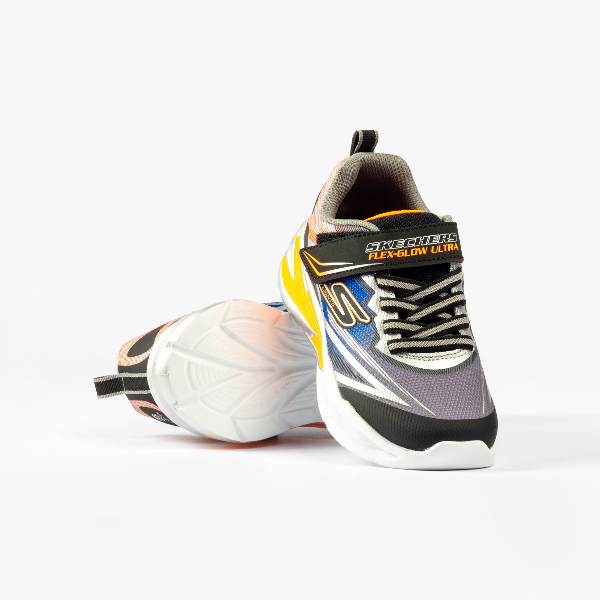 Skechers 400139L/BKSL FLEX-GLOW ULTRA Boys Trainers Black Silver side view displaying colorful design and lace-up closure.