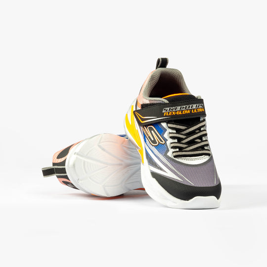 Skechers 400139L/BKSL FLEX-GLOW ULTRA Boys Trainers Black Silver side view displaying colorful design and lace-up closure.