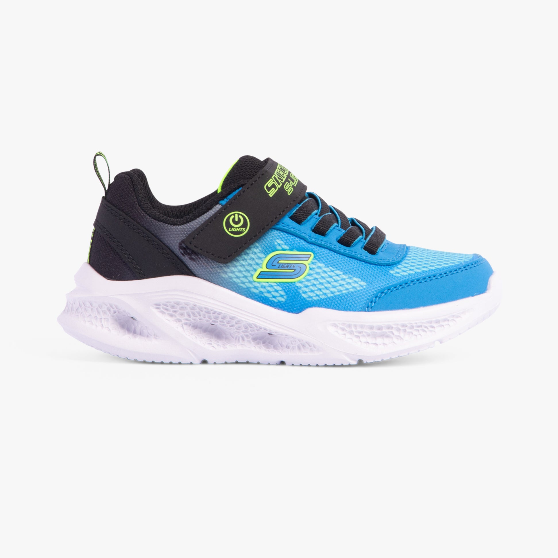 Skechers 401495L/BKBL METEOR-LIGHTS-KRENDO Boys Trainers Black/Blue side view showing light up feature.