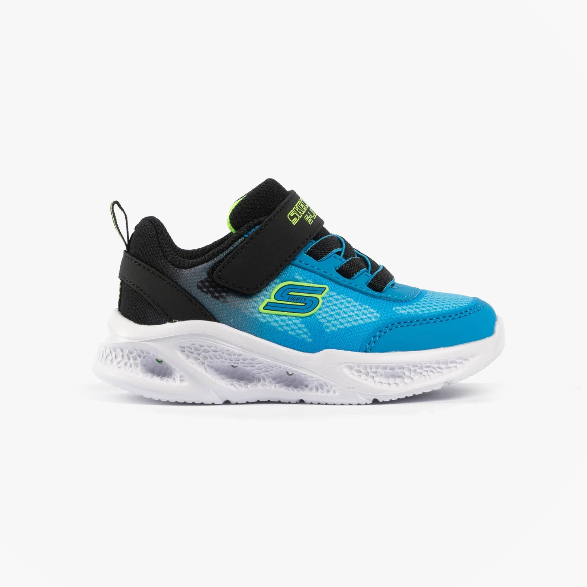 Skechers 401495N/BKBL METEOR-LIGHTS-KRENDO Boys Trainers Black Blue side view with blue synthetic upper and rubber sole.