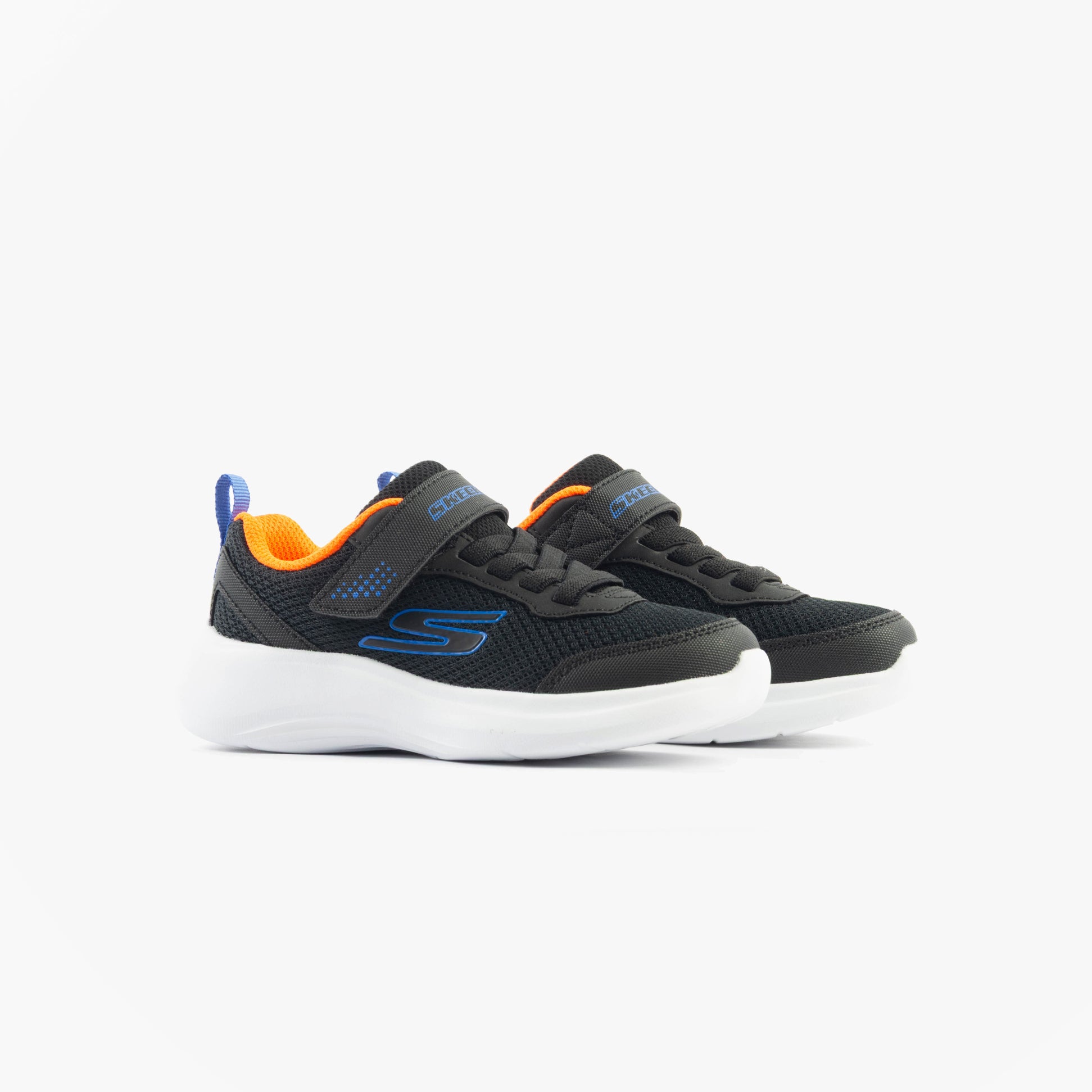 Skechers 403615L/BLK SELECTORS - RESET ACHIEVED Boys Trainers Black side view with blue and orange accents.