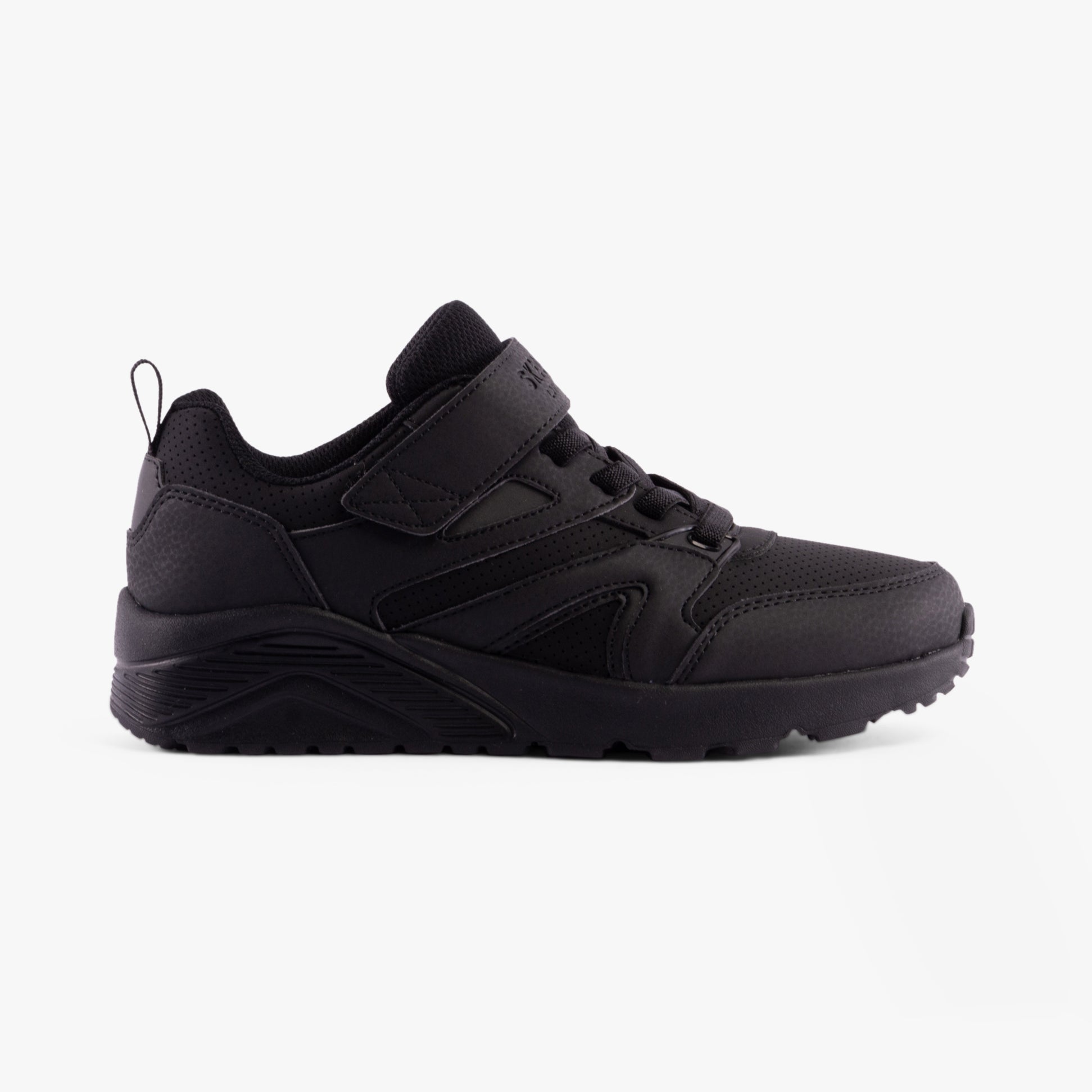 Skechers 403640L/BBK UNO LITE - ECHO SURGE Boys Trainers Black side view featuring lace-up closure and synthetic material.