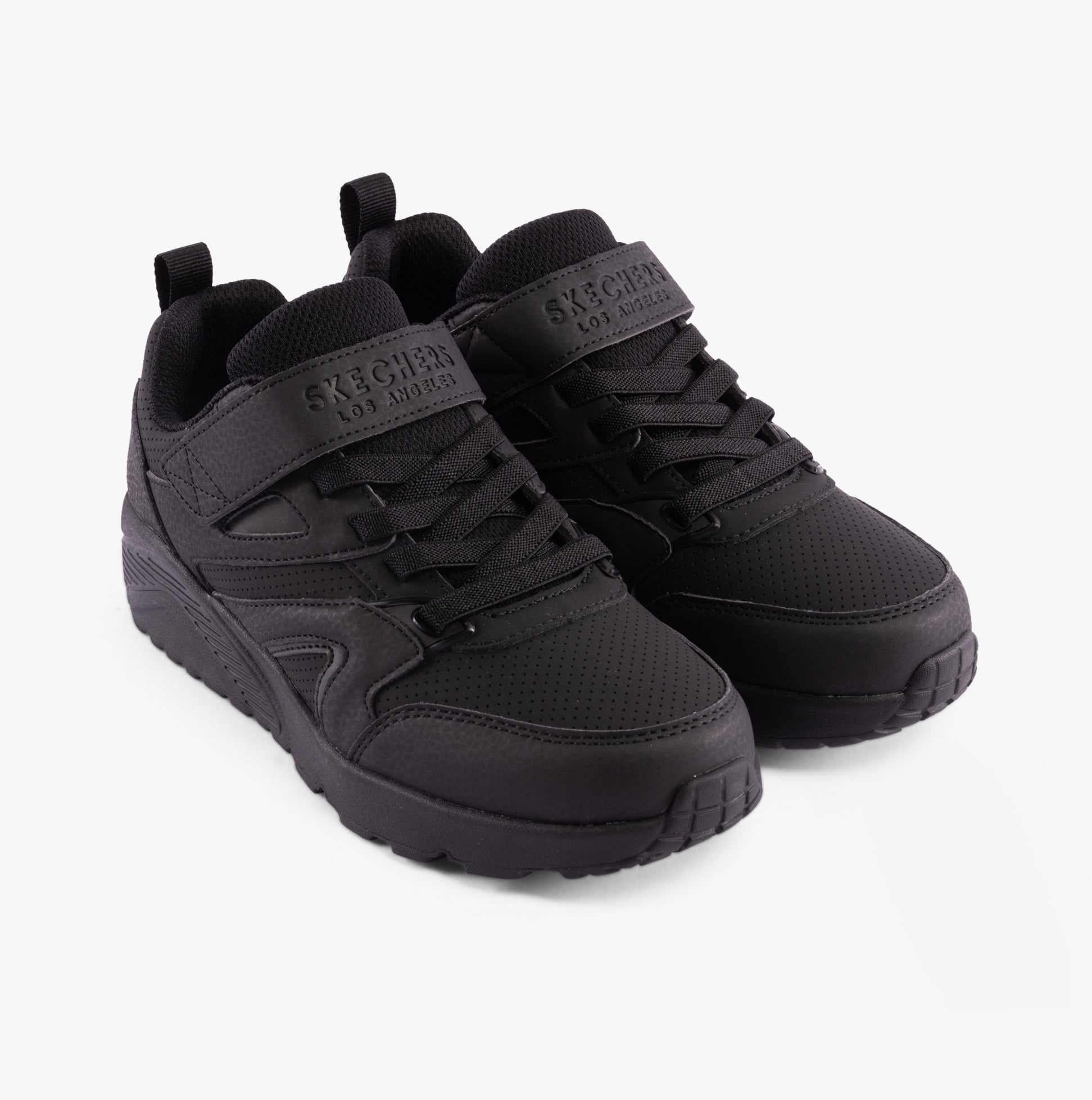 Skechers 403640L/BBK UNO LITE - ECHO SURGE Boys Trainers Black side view showing lace-up design and synthetic upper.