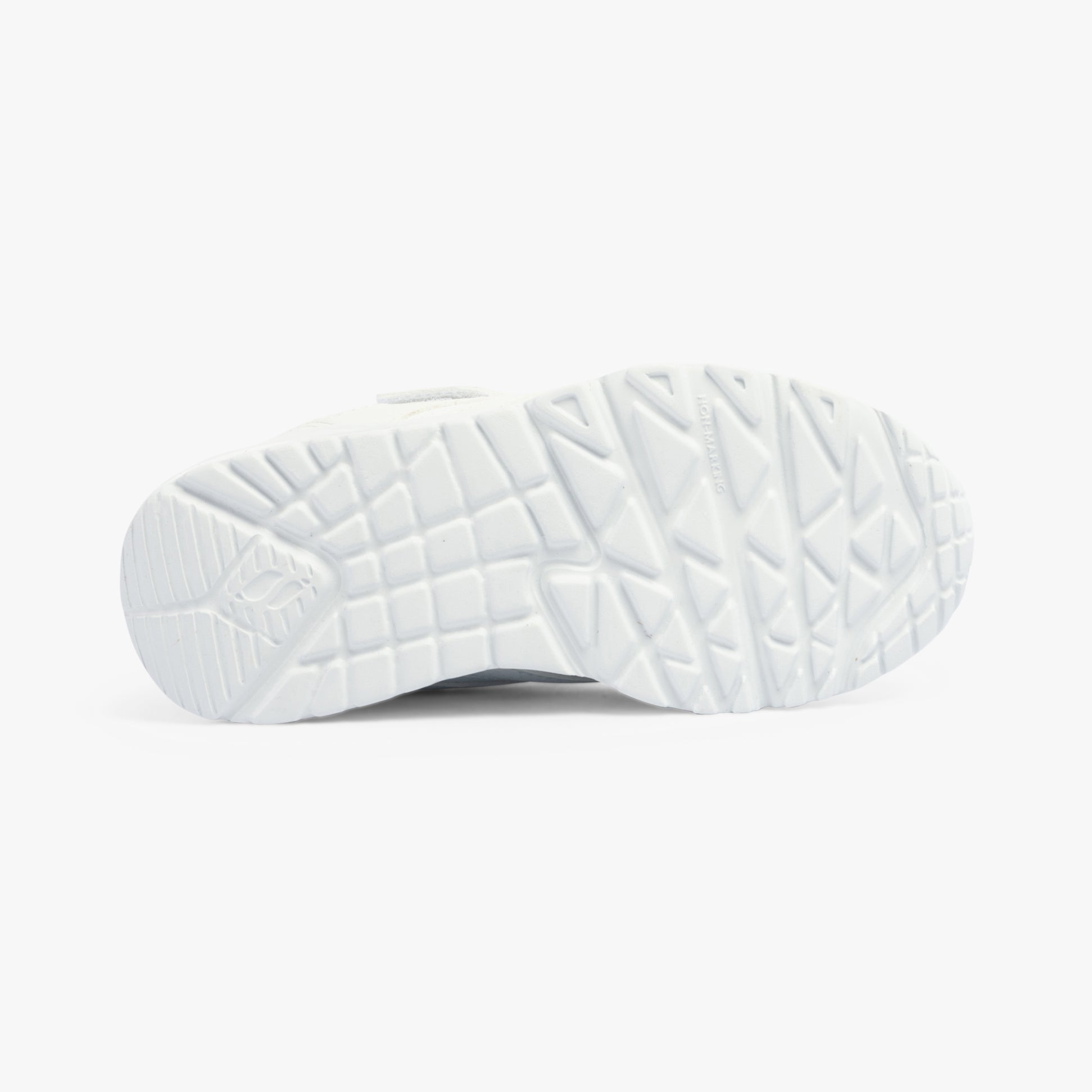 Skechers 403640L/WHT UNO LITE - ECHO SURGE Boys Trainers White shoe outsole view featuring a textured rubber sole.