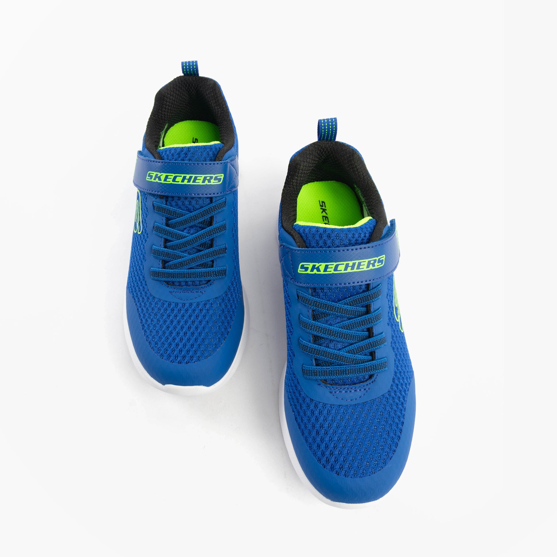 Skechers 403818L/BLLM MICROSPEC MAX - VAPTIX Boys Trainers Blue/Lime top view showing lace-up design and breathable mesh.