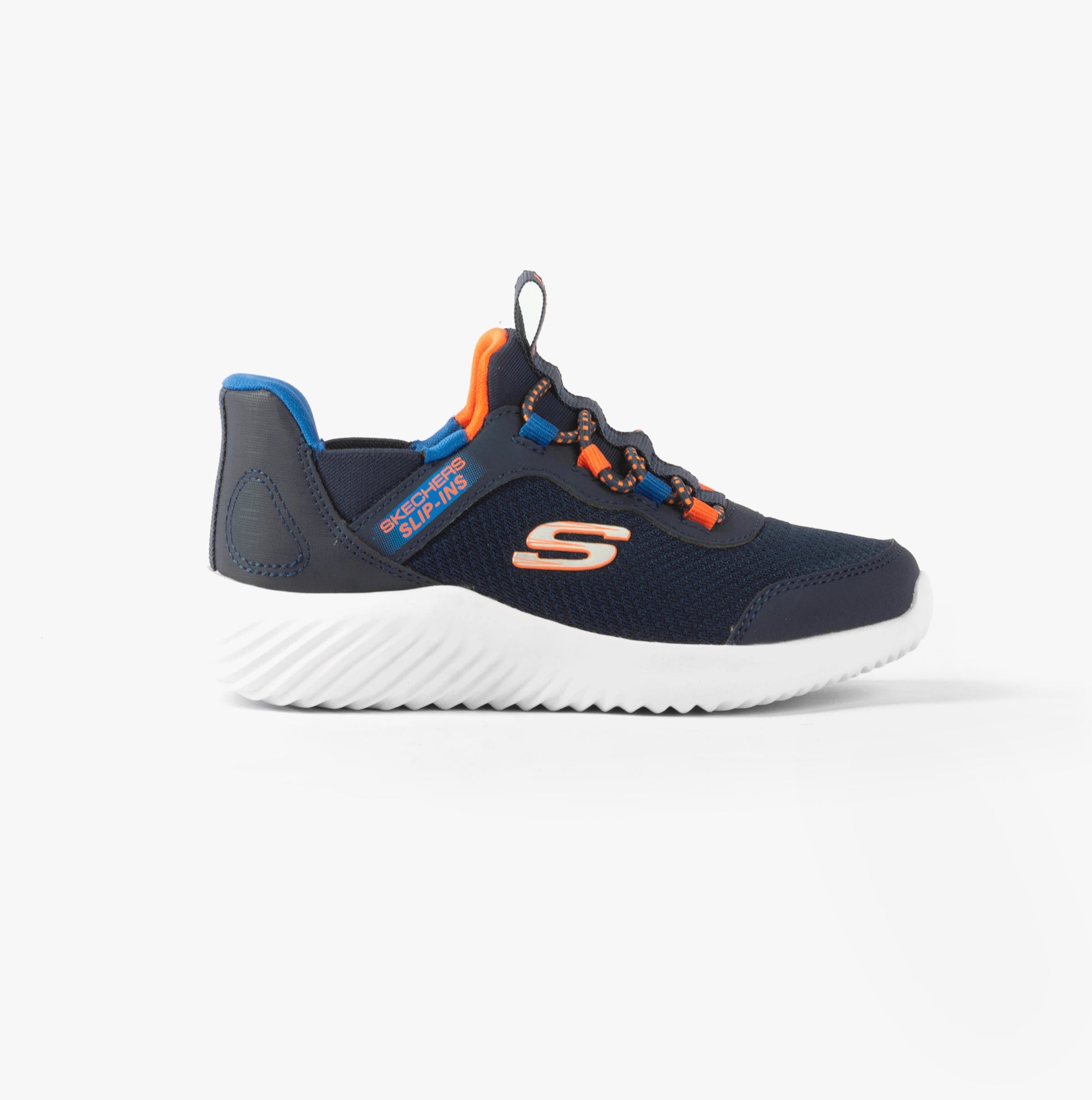 Skechers 403822L/NVBL BOUNDER - BRISK-BURST Boys Trainers Navy side view, synthetic mesh, slip-on with stretch laces.