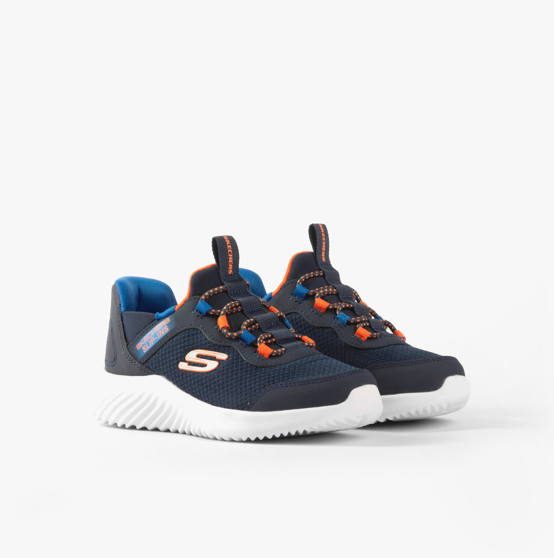 Skechers 403822L/NVBL BOUNDER - BRISK-BURST Boys Trainers Navy side view showing elastic laces and breathable mesh upper.