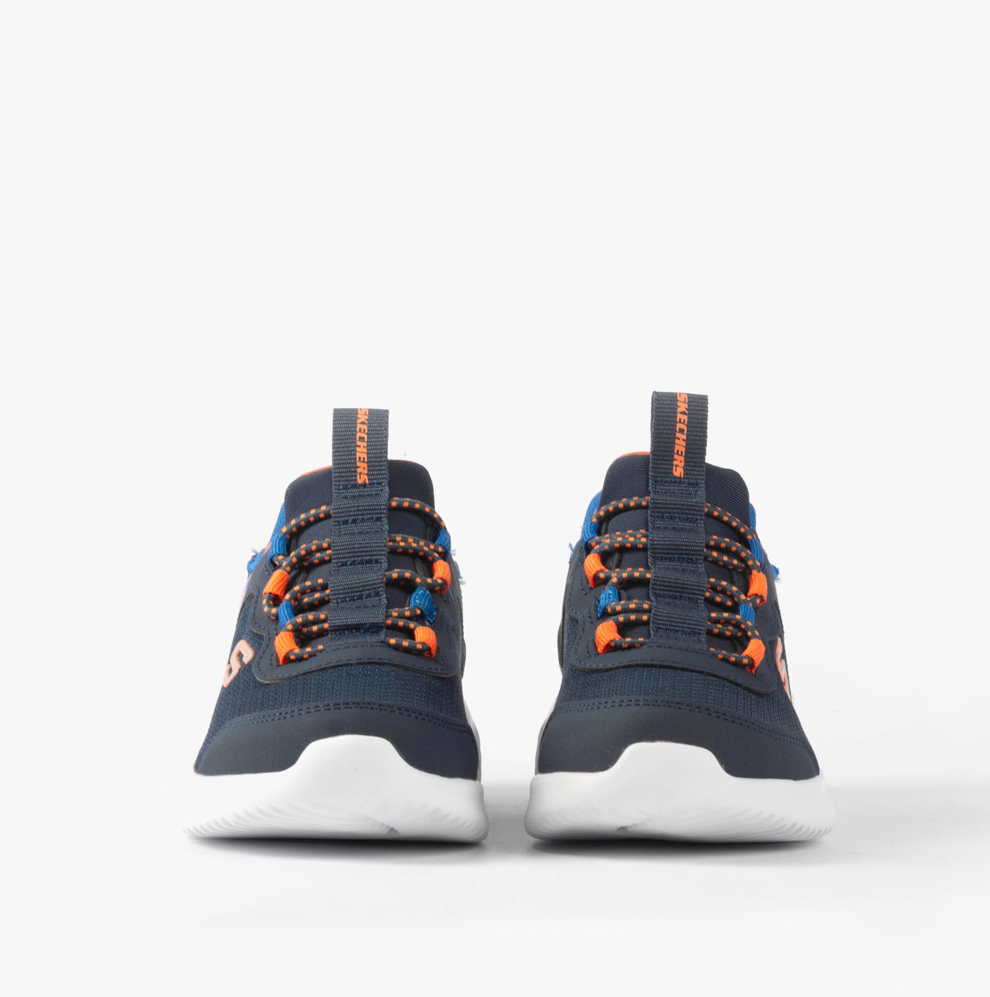 Skechers 403822L/NVBL BOUNDER - BRISK-BURST Boys Trainers Navy front view showcasing stretch laces and low-top design.