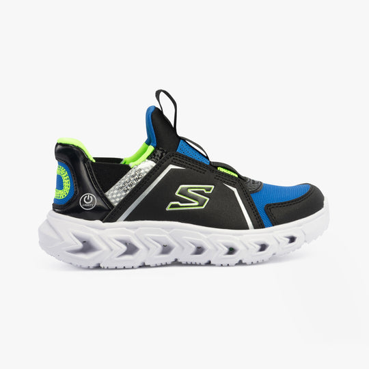 Skechers 403830L/BBLM HYPNO-FLASH 2.0 - BRISK-BRIGH Boys Trainers Multi side view with black, blue, and green colors.