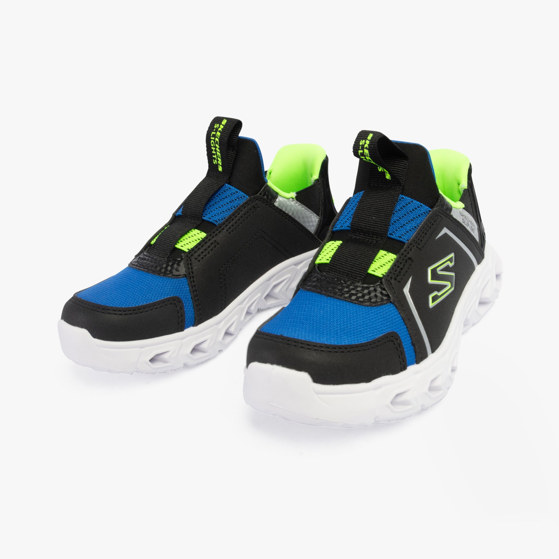Skechers 403830L/BBLM HYPNO-FLASH 2.0 - BRISK-BRIGH Boys Trainers Multi side view with black, blue, and green accents.