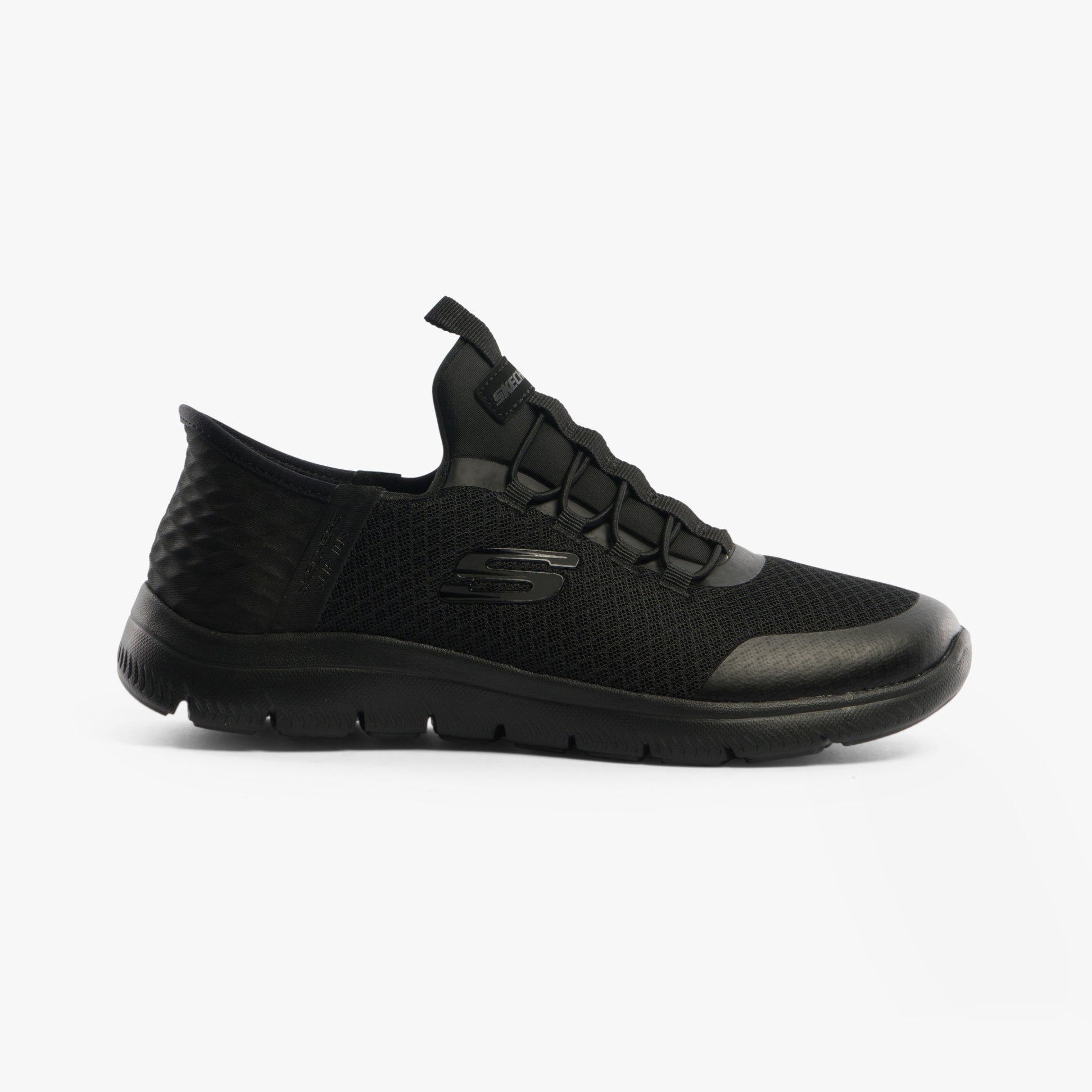 Skechers 403833L/BBK SUMMITS - HIGH RANGE Boys Trainers Black side view showcasing a sleek, casual design with breathable textile upper.