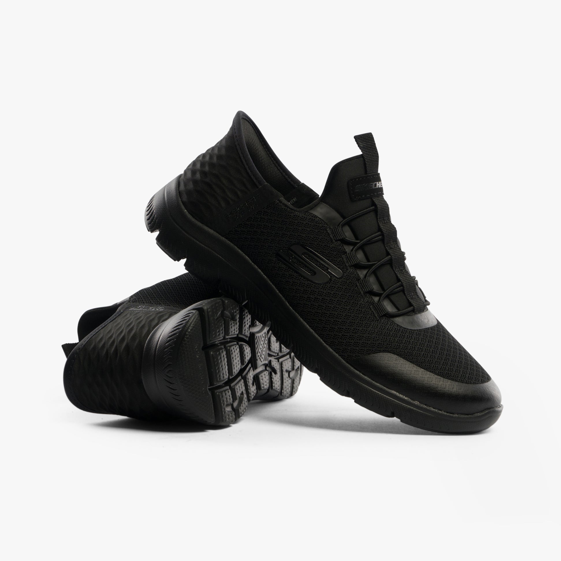 Skechers 403833L/BBK SUMMITS - HIGH RANGE Boys Trainers Black side view showcasing breathable textile upper and rubber sole.
