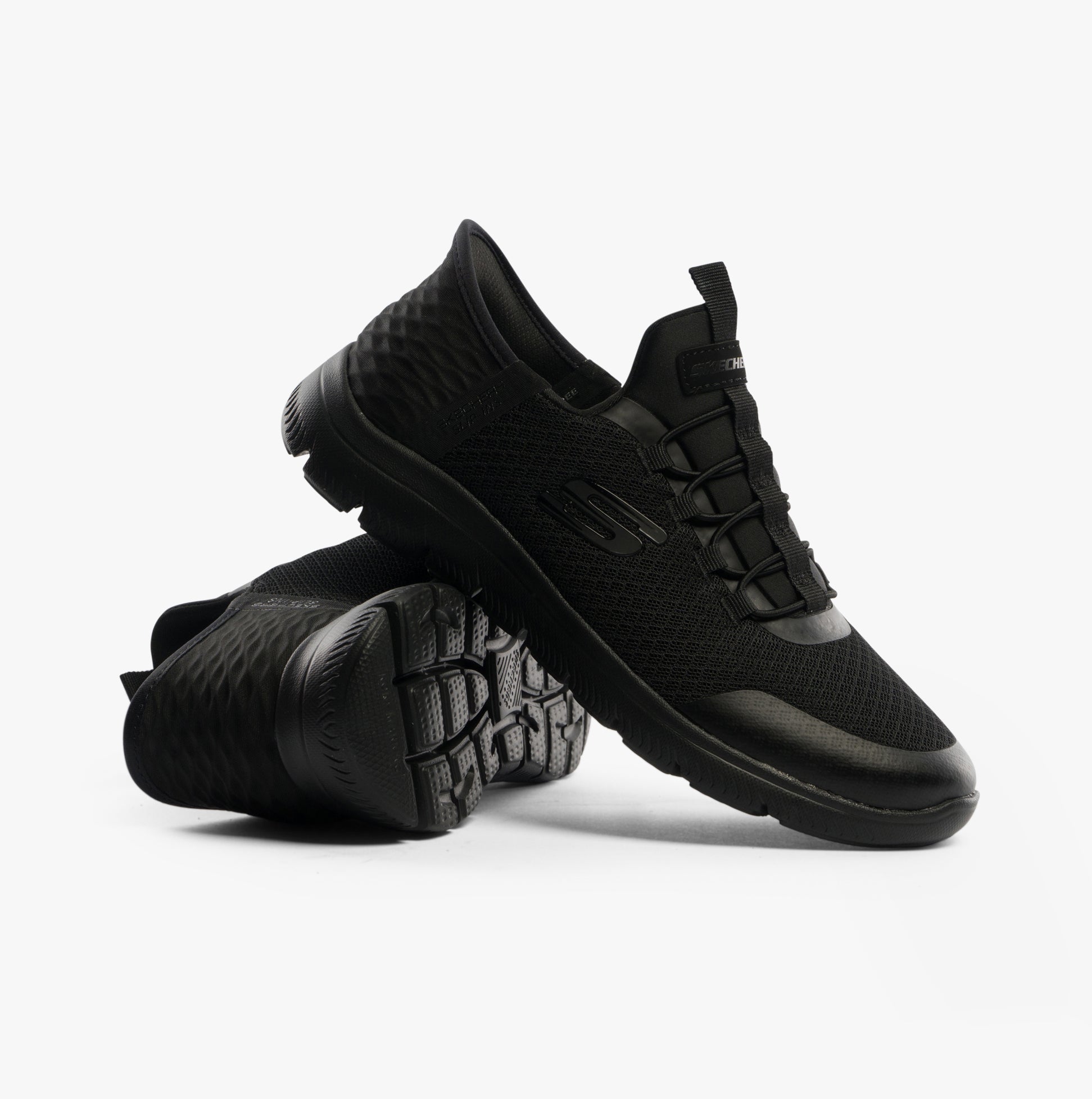 Skechers 403833L/BBK SUMMITS - HIGH RANGE Boys Trainers Black side view showcasing breathable textile upper and rubber sole.
