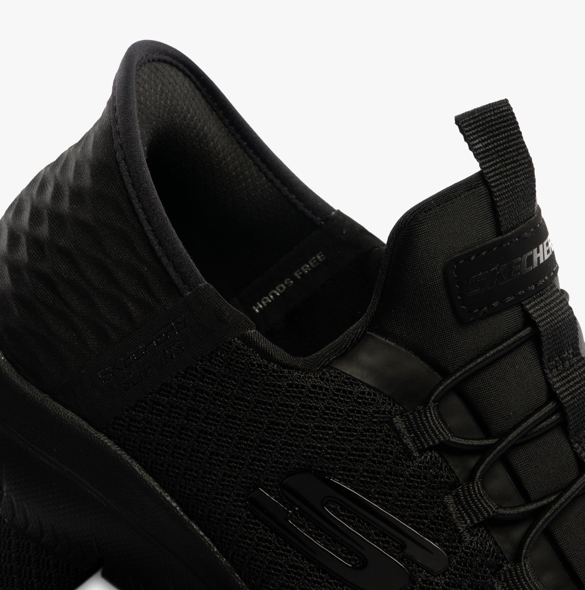 Skechers 403833L/BBK SUMMITS - HIGH RANGE Boys Trainers Black detail view showcasing the slip-on design and textured upper.