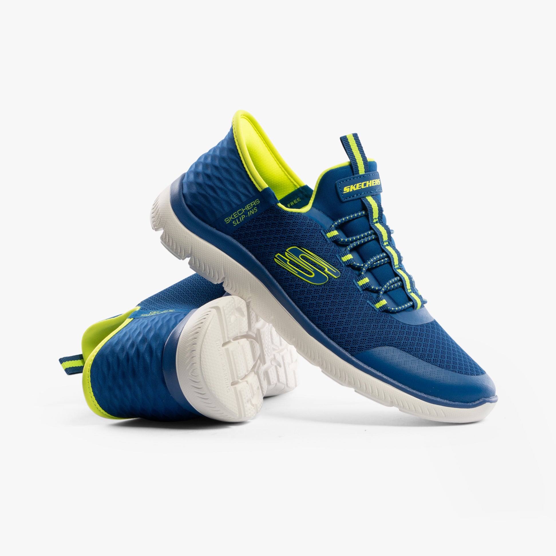 Skechers 403833L/BLLM SUMMITS - HIGH RANGE Boys Trainers Blue/Lime side view showcasing mesh upper and slip-on design.