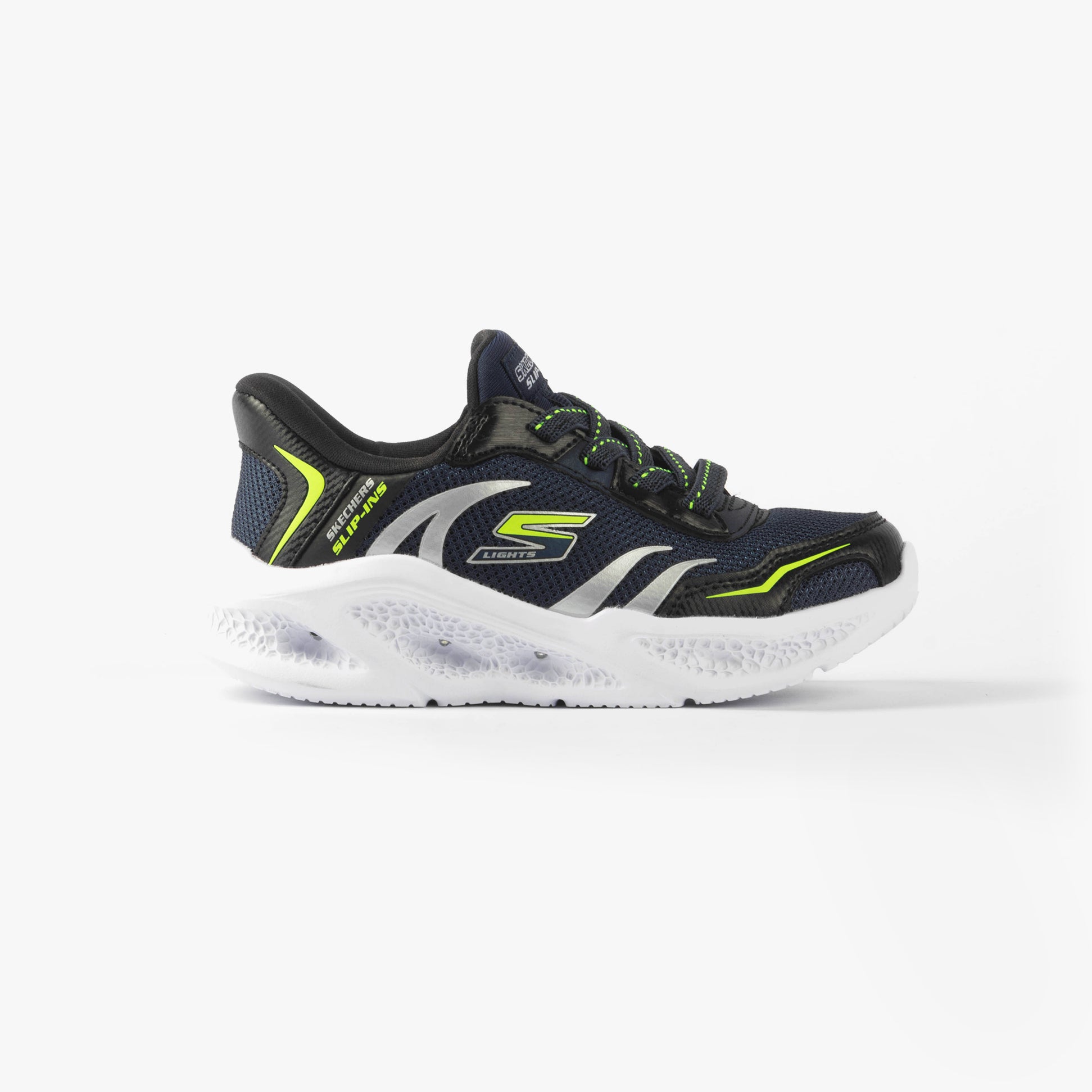 Skechers 403848L/NVBK METEOR-LIGHTS-BRISK-BEAMS Boys Trainers Navy/Black side view with lace-up closure and light-up feature.