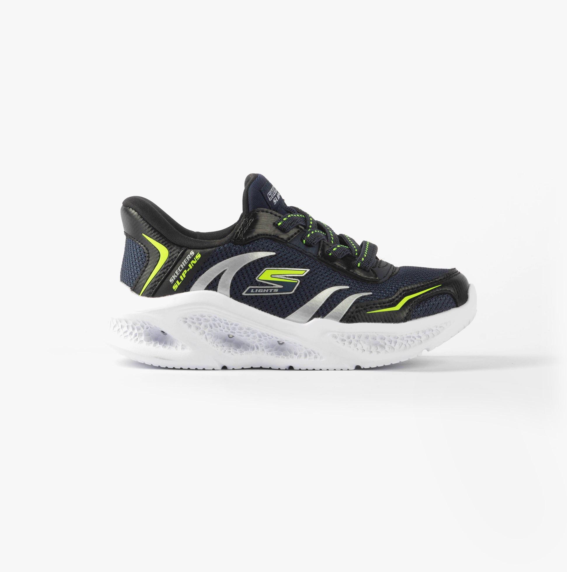Skechers 403848L/NVBK METEOR-LIGHTS-BRISK-BEAMS Boys Trainers Navy/Black side view with lace-up closure and light-up feature.