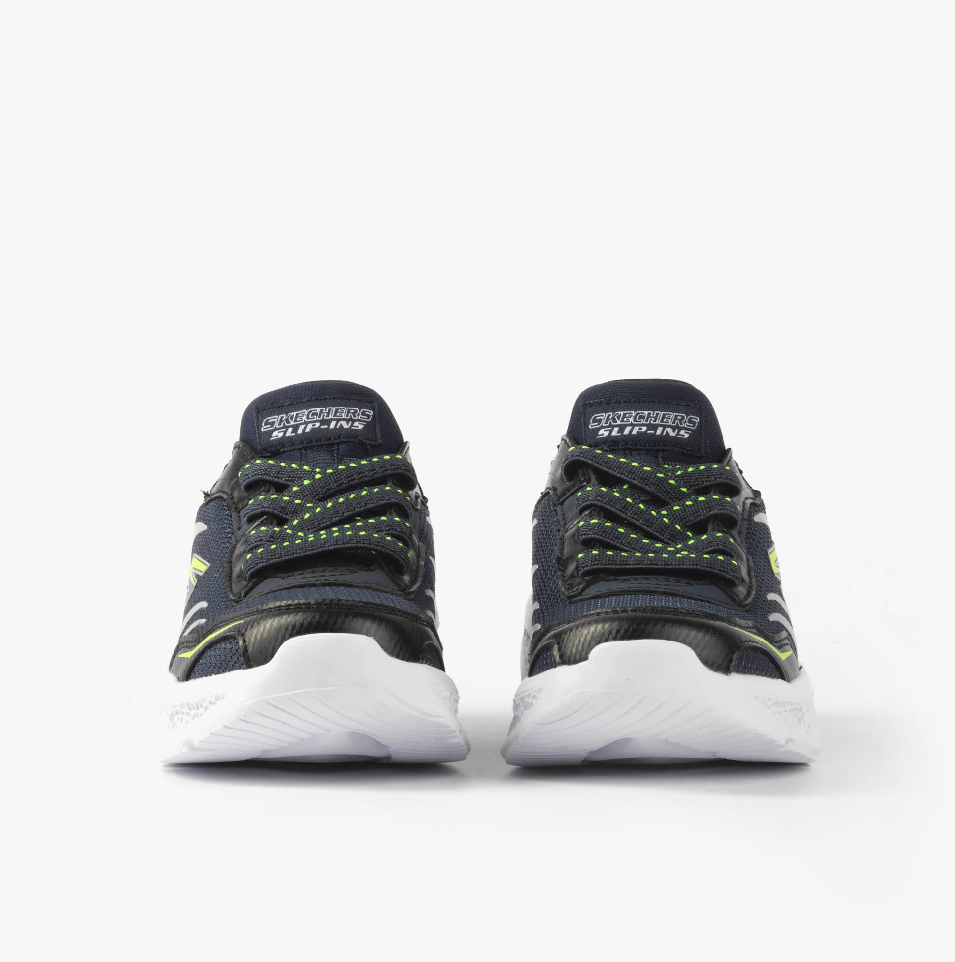 Skechers 403848L/NVBK METEOR-LIGHTS-BRISK-BEAMS Boys Trainers Navy/Black front view showing laces and round toe design.