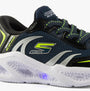 Skechers 403848L/NVBK METEOR-LIGHTS-BRISK-BEAMS Boys Trainers Navy/Black side view with lights and mesh detailing