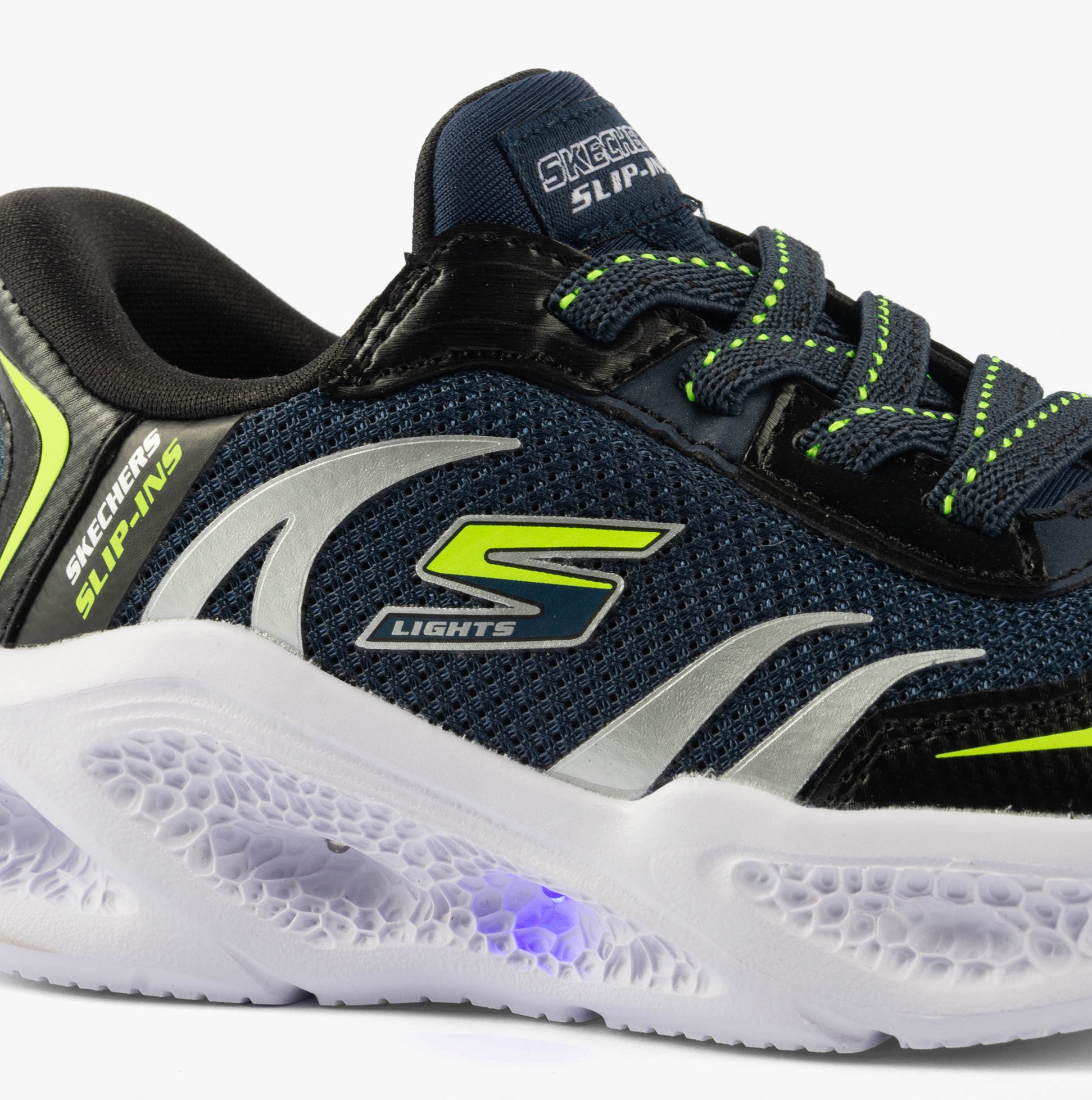 Skechers 403848L/NVBK METEOR-LIGHTS-BRISK-BEAMS Boys Trainers Navy/Black side view with lights and mesh detailing