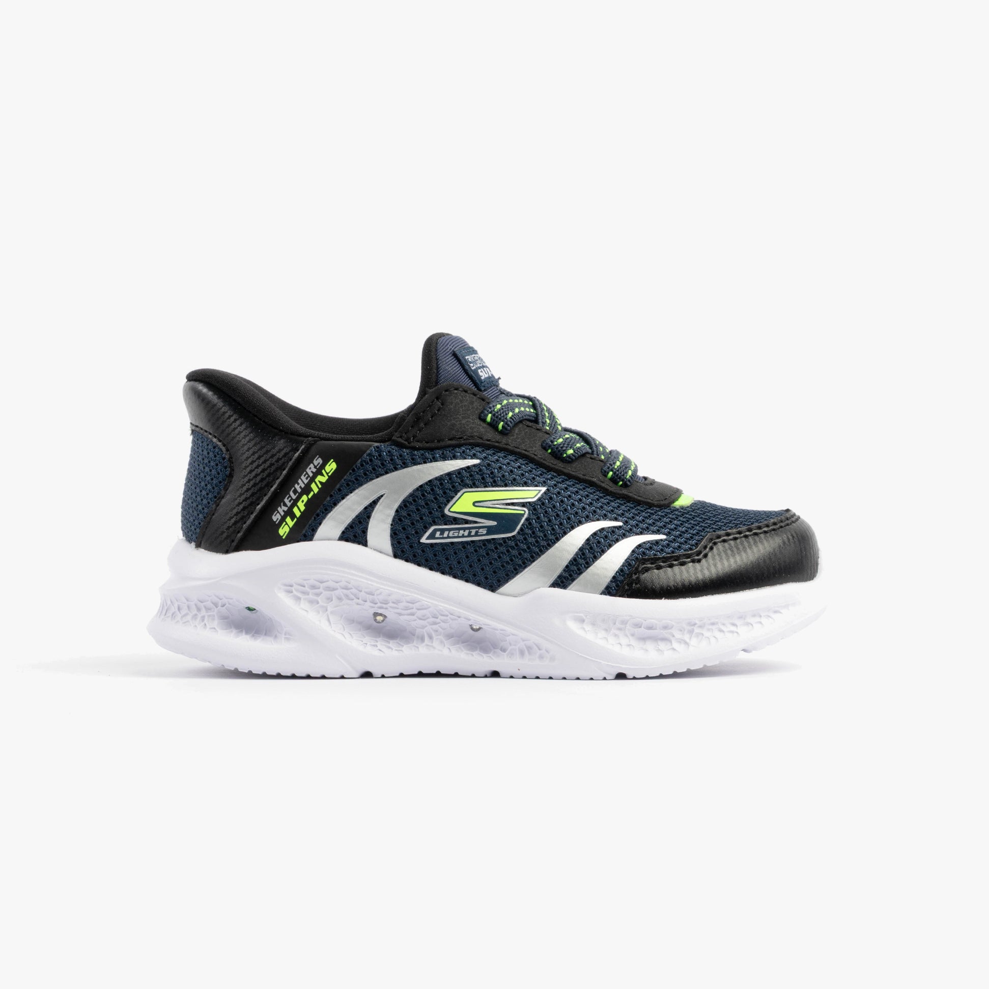 Skechers 403848N/NVBK METEOR-LIGHTS-BRISK-BEAMS Boys Trainers Navy/Black side view with lace-up fastening