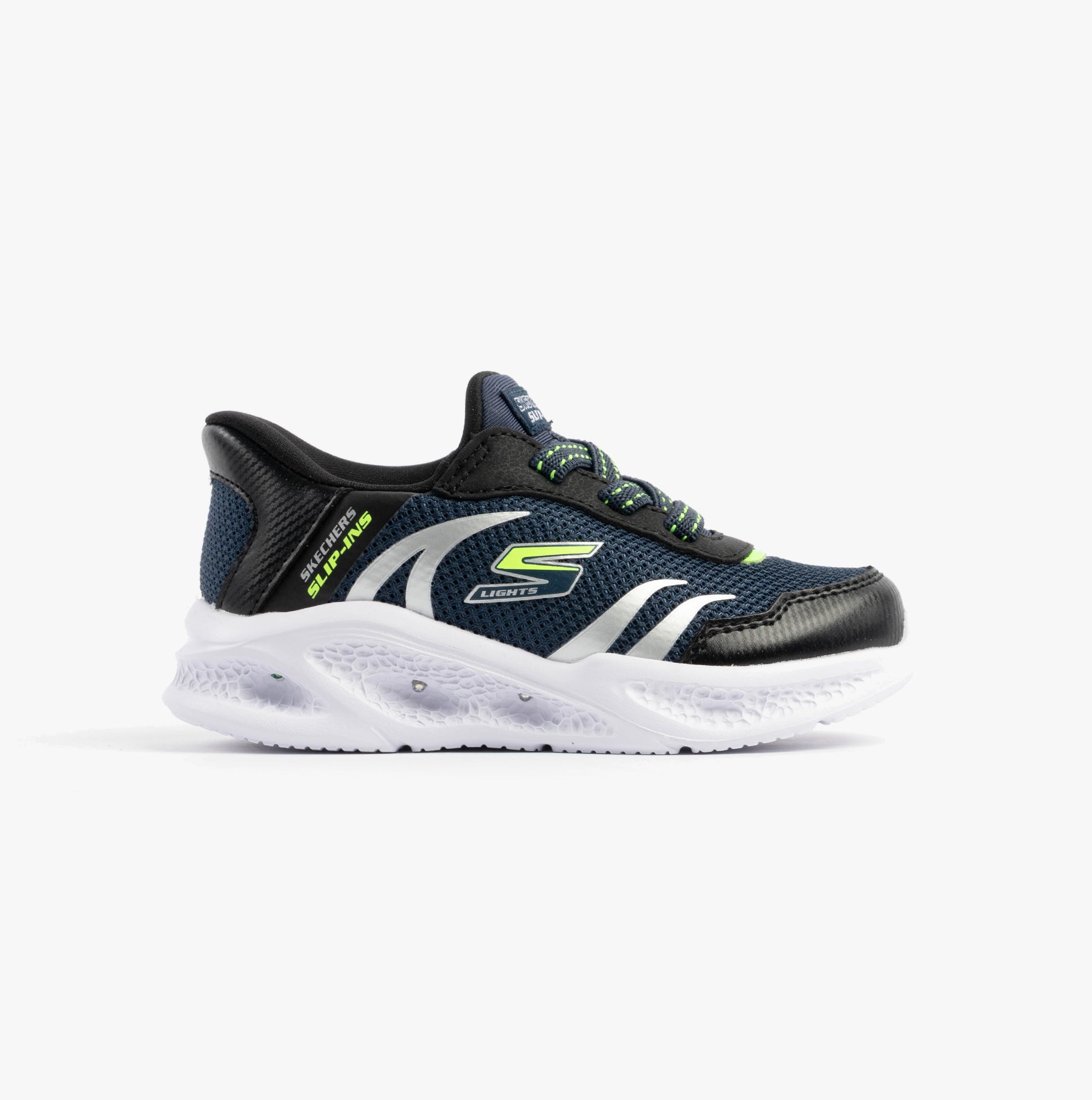 Skechers 403848N/NVBK METEOR-LIGHTS-BRISK-BEAMS Boys Trainers Navy/Black side view with lace-up fastening
