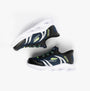 Skechers 403848N/NVBK METEOR-LIGHTS-BRISK-BEAMS Boys Trainers Navy/Black side view with white sole and neon accents.