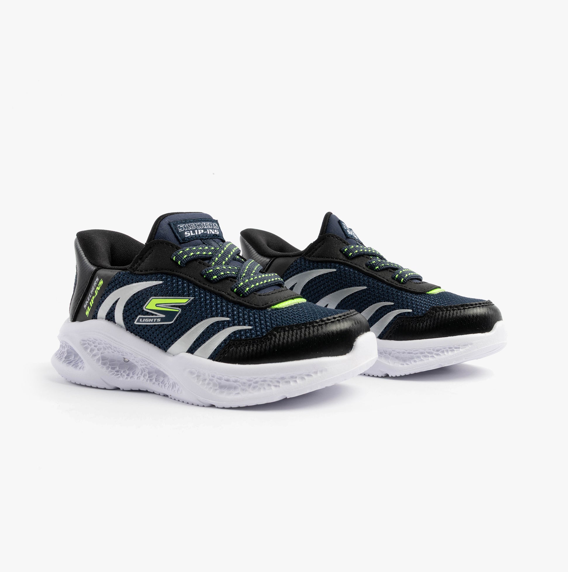 Skechers 403848N/NVBK METEOR-LIGHTS-BRISK-BEAMS Boys Trainers Navy/Black side view with rubber sole.