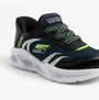Skechers 403848N/NVBK METEOR-LIGHTS-BRISK-BEAMS Boys Trainers Navy/Black side view featuring laces and mesh upper.