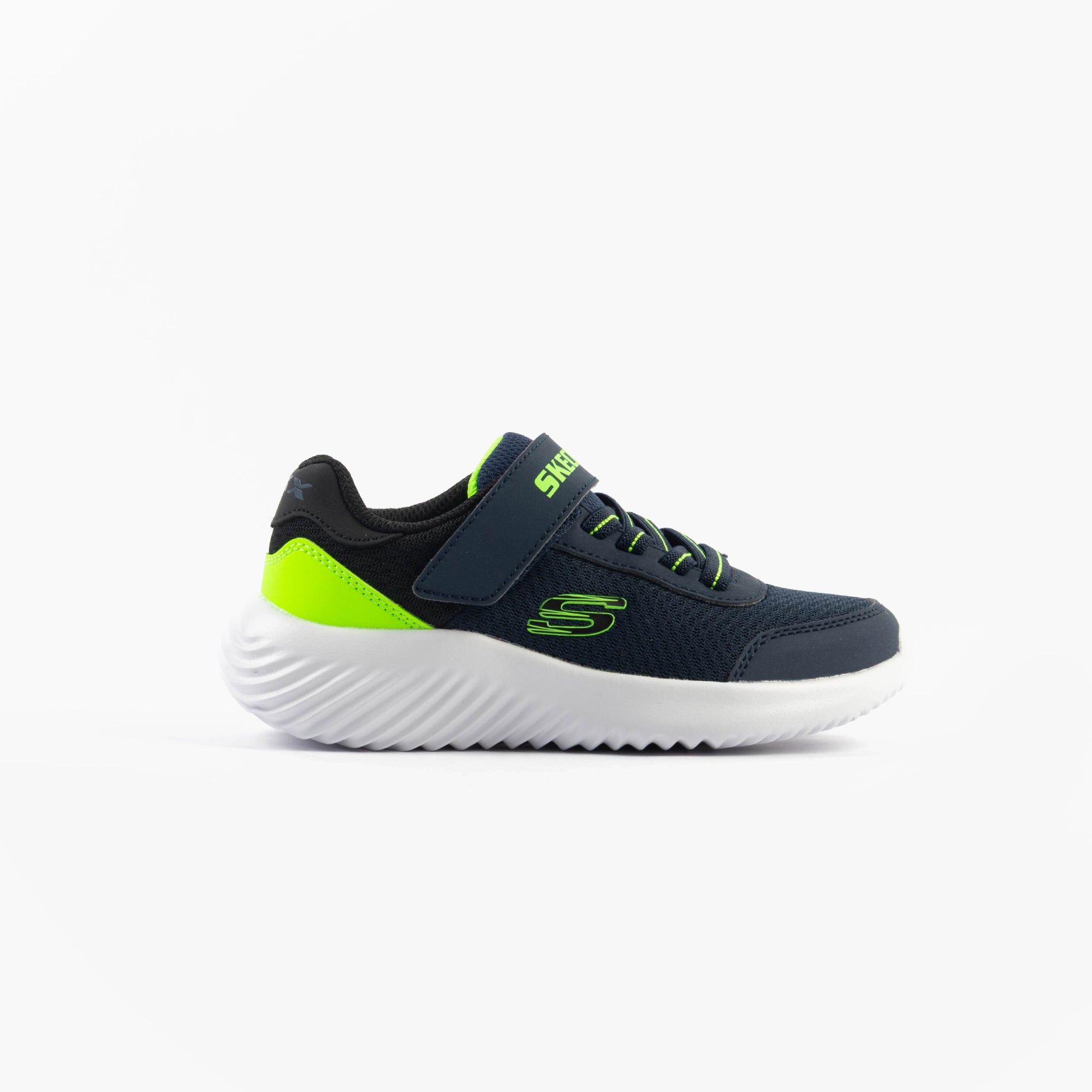 Skechers 403908L/NVLM BOUNDER - TREKZIC Boys Trainers Navy/Lime side view showcasing comfort and lightweight design.