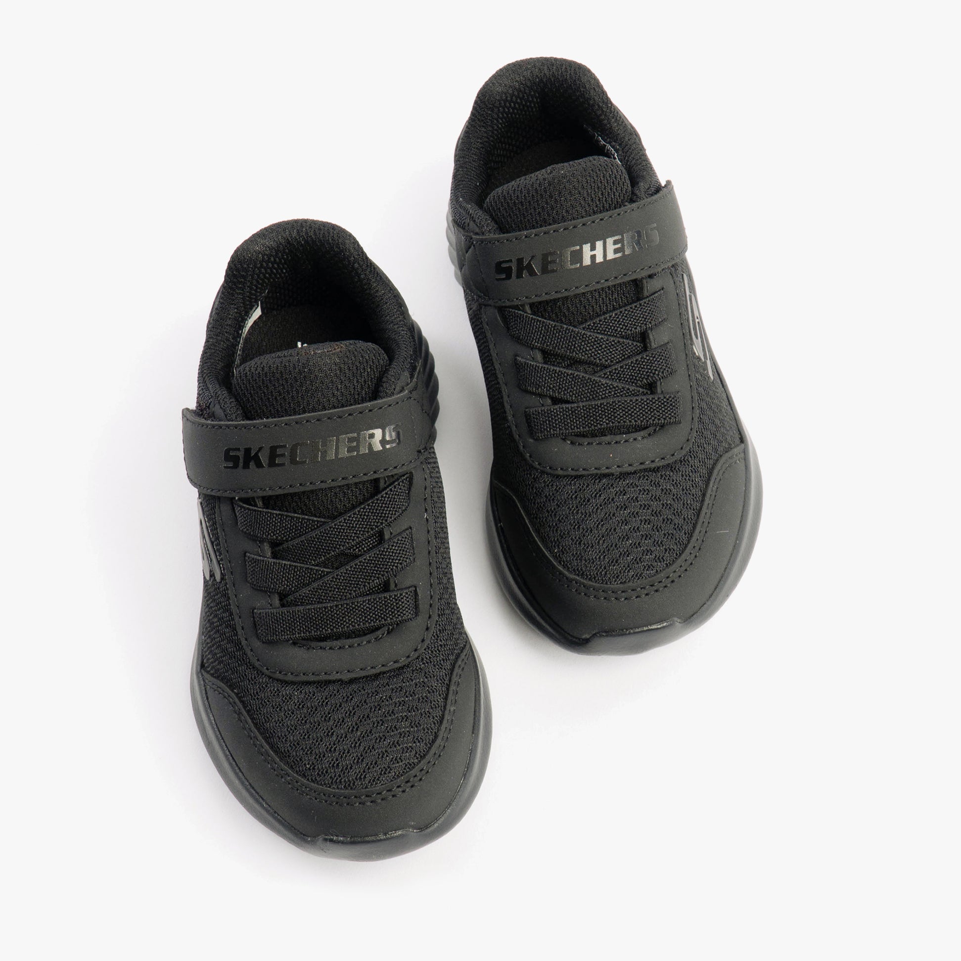 Skechers 403908N/BBK BOUNDER - TREZIC Boys Trainers Black top view showing laces and strap design.