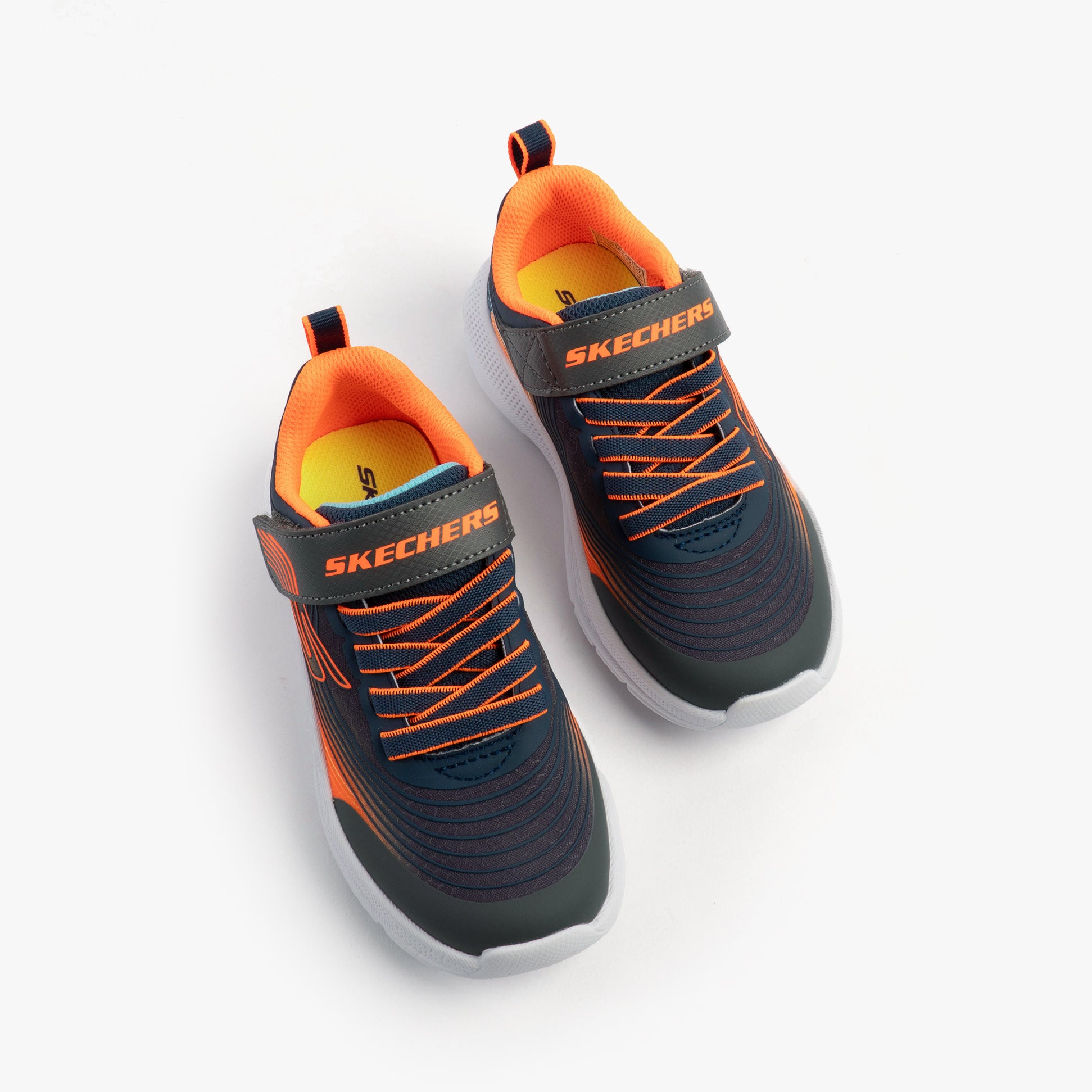 Skechers 403926L/NVOR MICROSPEC ADVANCE Boys Trainers Navy/Orange top view with lace-up closure and lightweight design.