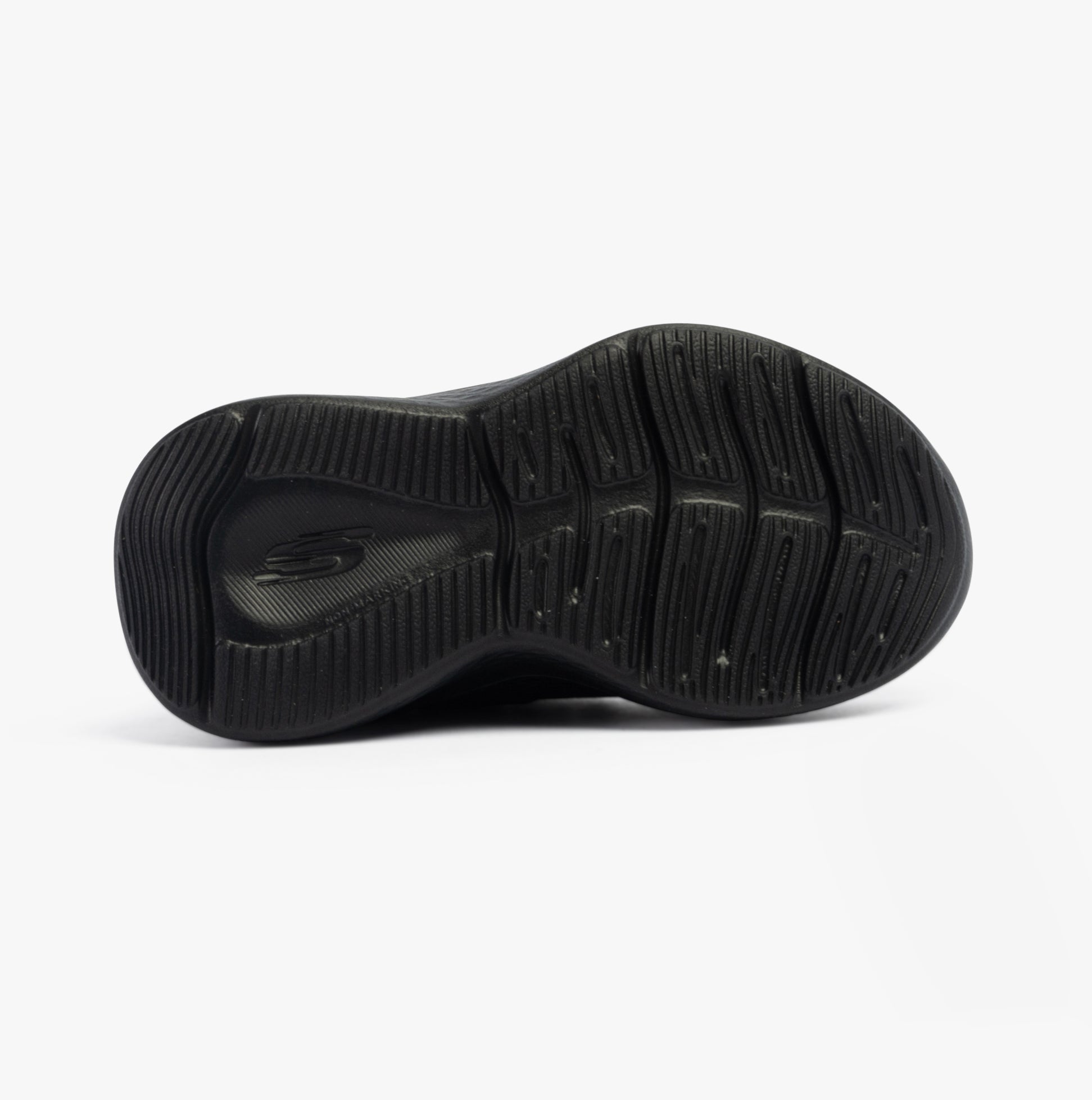 Skechers 404015N/BBK SKECH-LITE PRO - SPRINT SURGE Boys Trainers Black bottom sole view. Rubber material with textured grip.