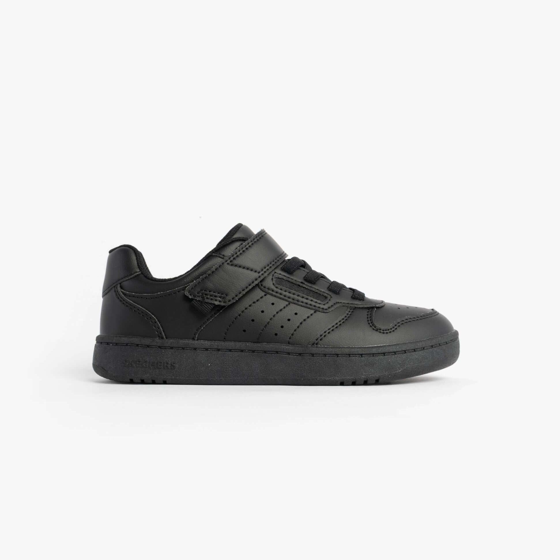 Skechers 405638L/BBK QUICK STREET Boys School Trainers Black side view with lace-up and touch fasten features