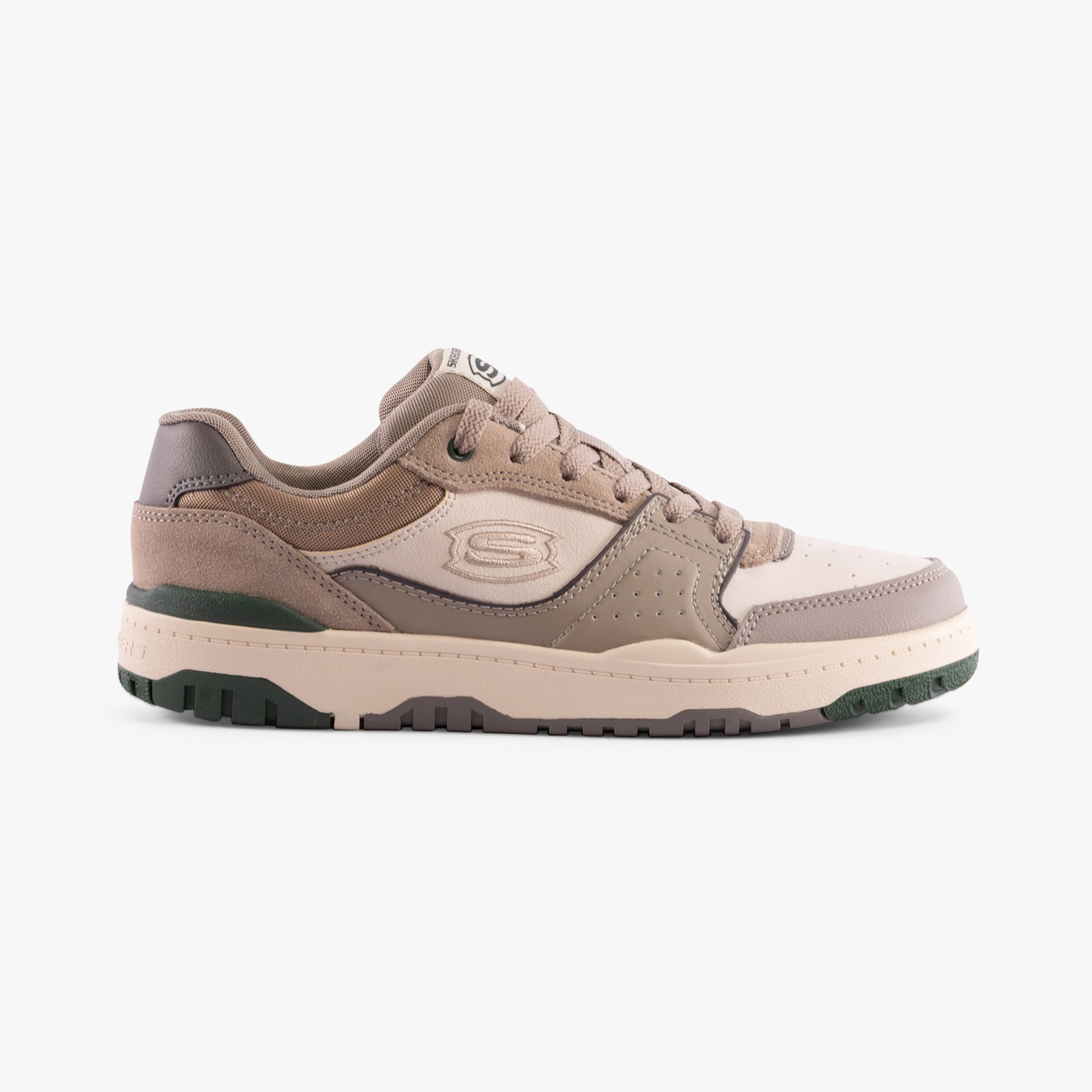 Skechers 406157L/TPE SKX-228 Boys Trainers Taupe side view showing suede and synthetic upper.