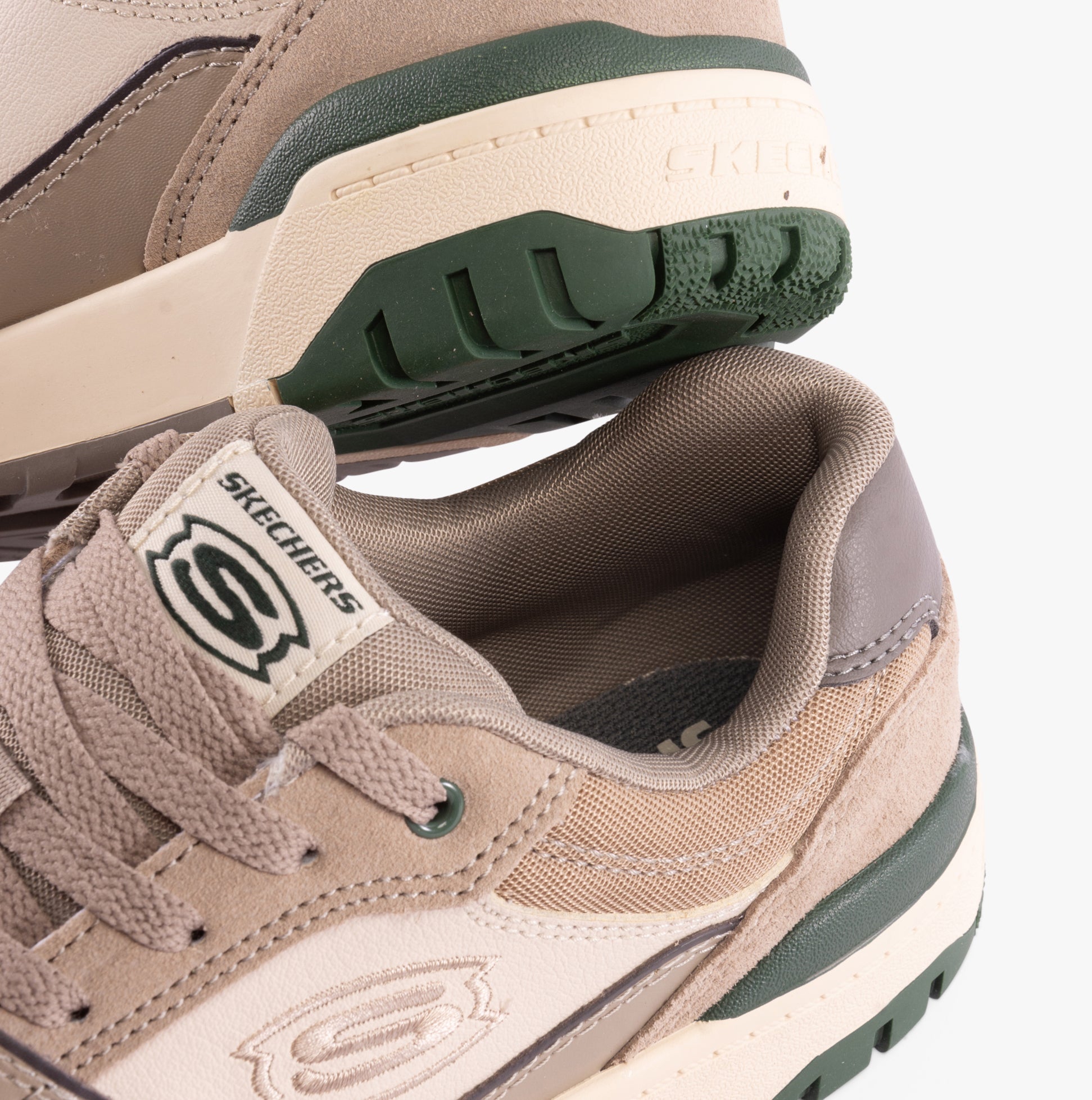 Skechers 406157L/TPE SKX-228 Boys Trainers Taupe side and detail view showcasing suede and synthetic upper.