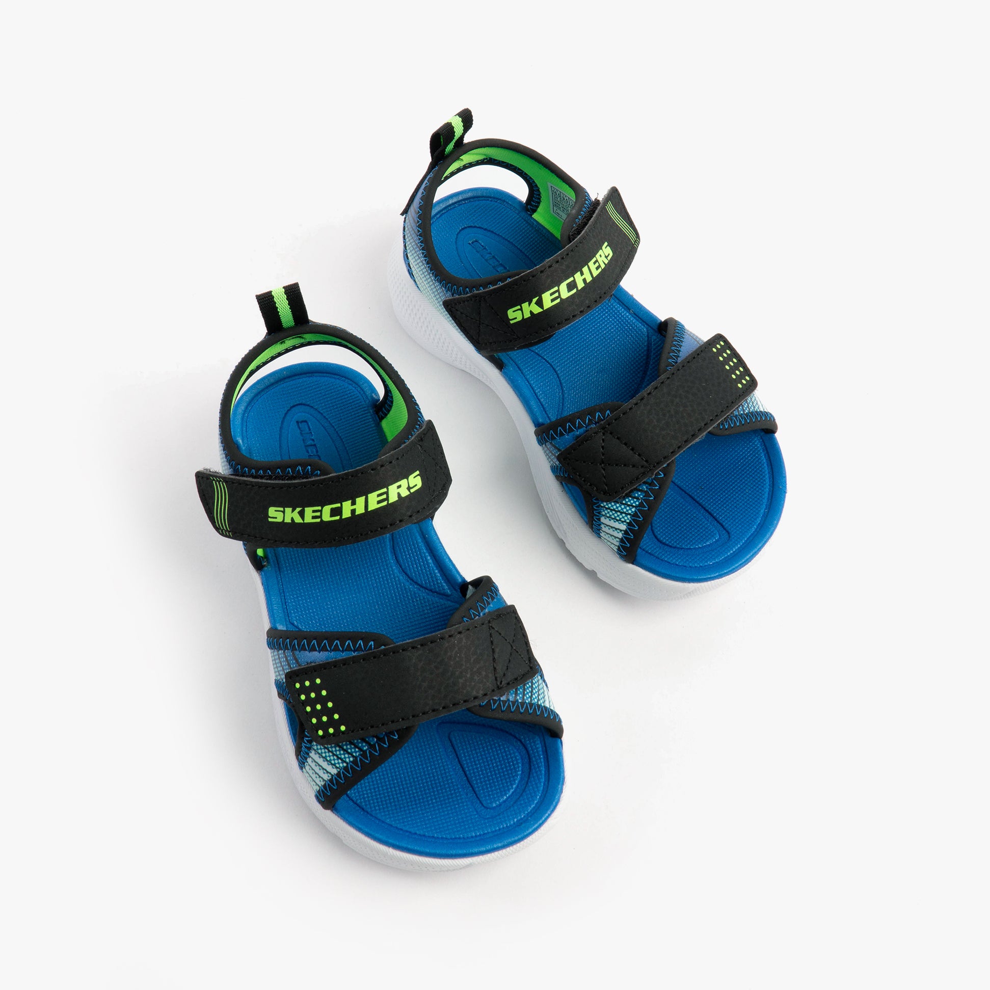 Skechers 407034L/BKLM MICROSPEC - SPLASH Boys Sandals Black/Lime top view of sandals with black and blue color scheme.