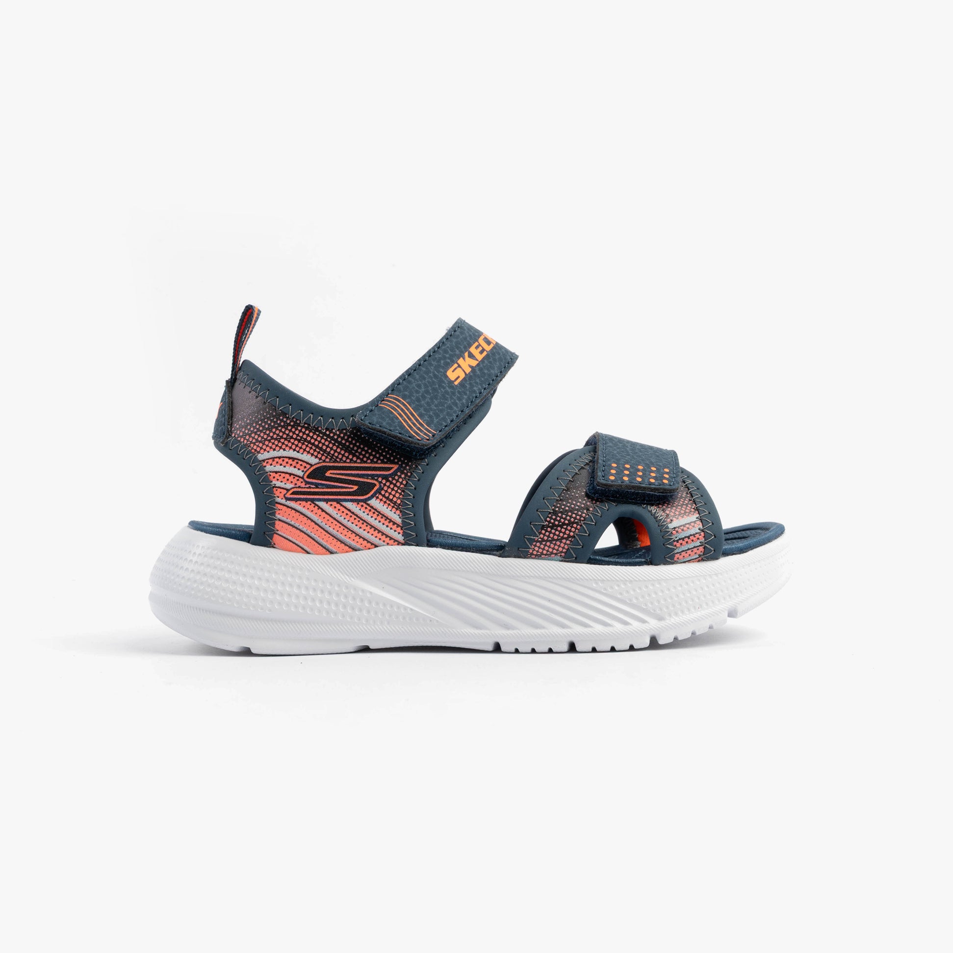 Skechers 407034L/NVOR MICROSPEC - SPLASH Boys Sandals Navy/Orange side view with synthetic upper and rubber sole.