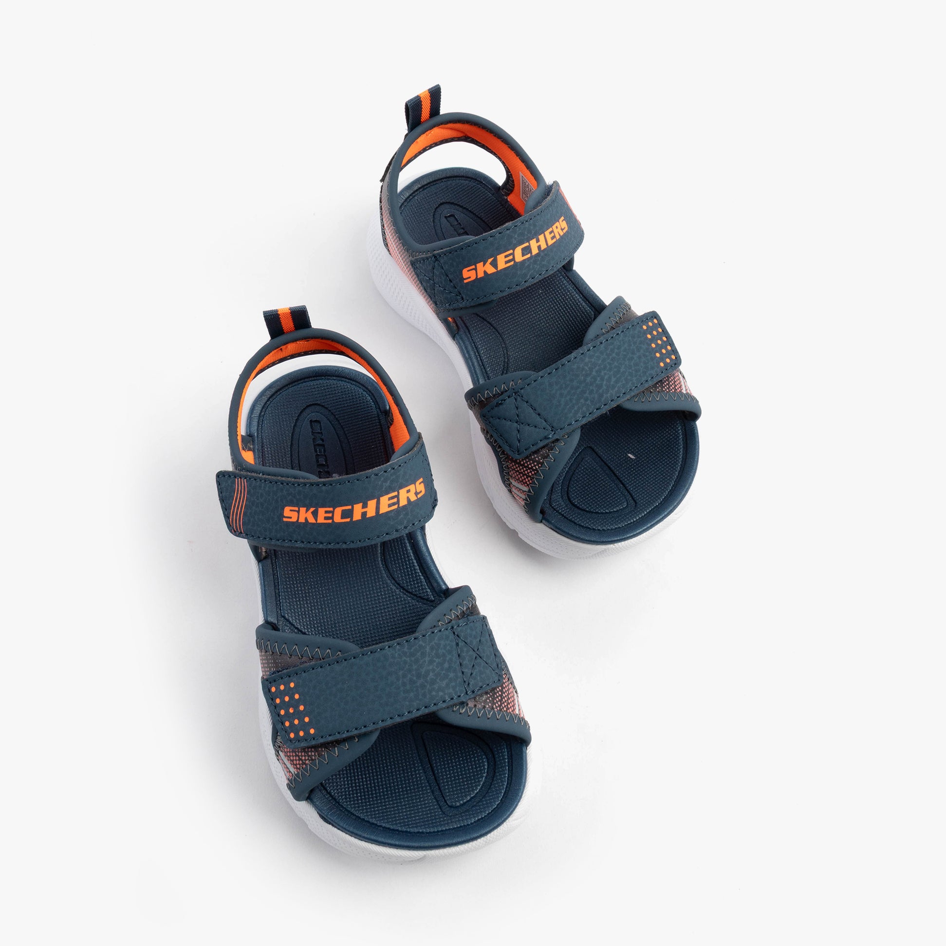 Skechers 407034L/NVOR MICROSPEC - SPLASH Boys Sandals Navy/Orange top view showcasing synthetic upper and touch fasten closure.
