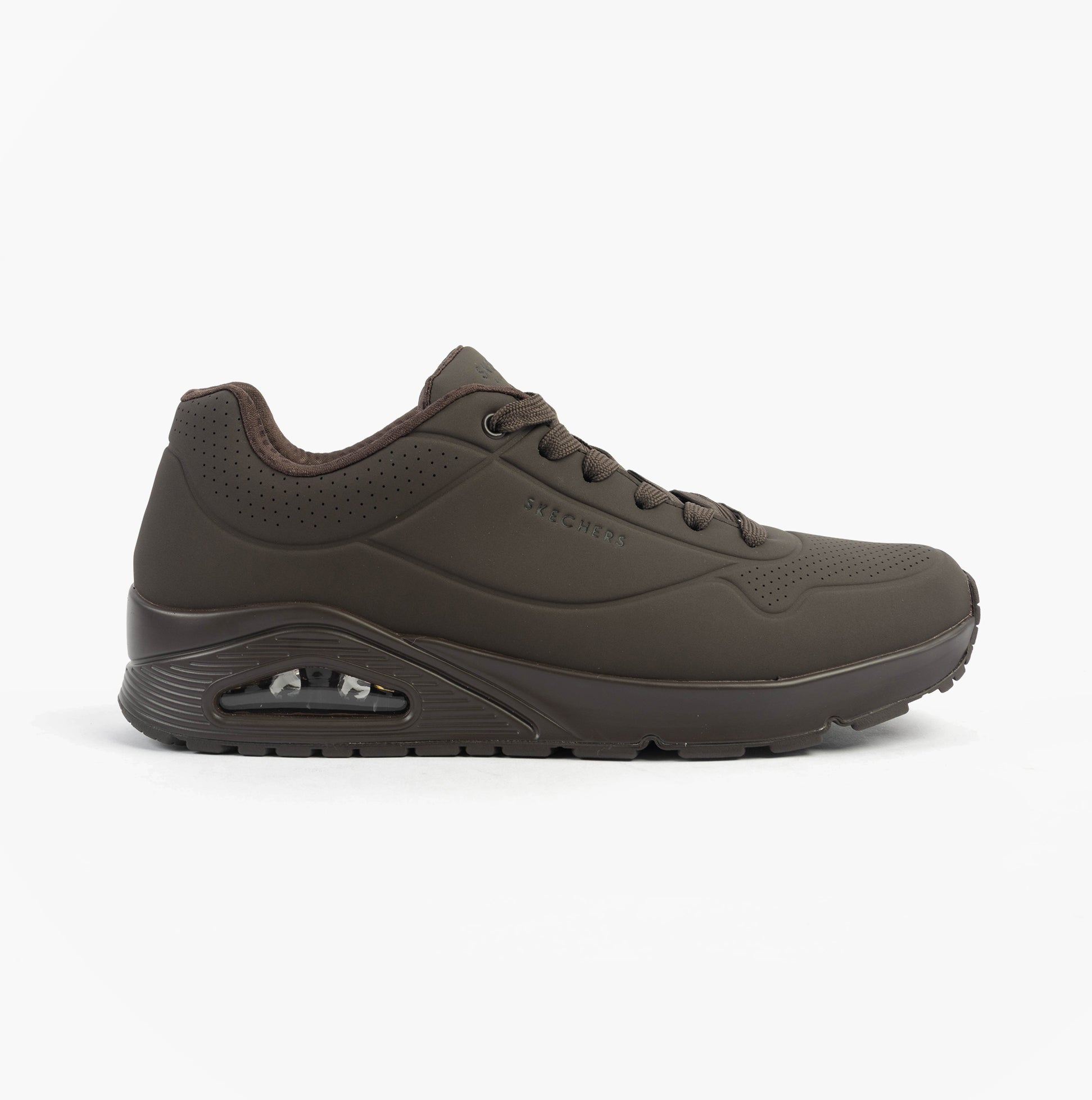 Skechers 52458/CHOC UNO - STAND ON AIR Mens Trainers Chocolate side view, featuring synthetic leather and lace-up closure.