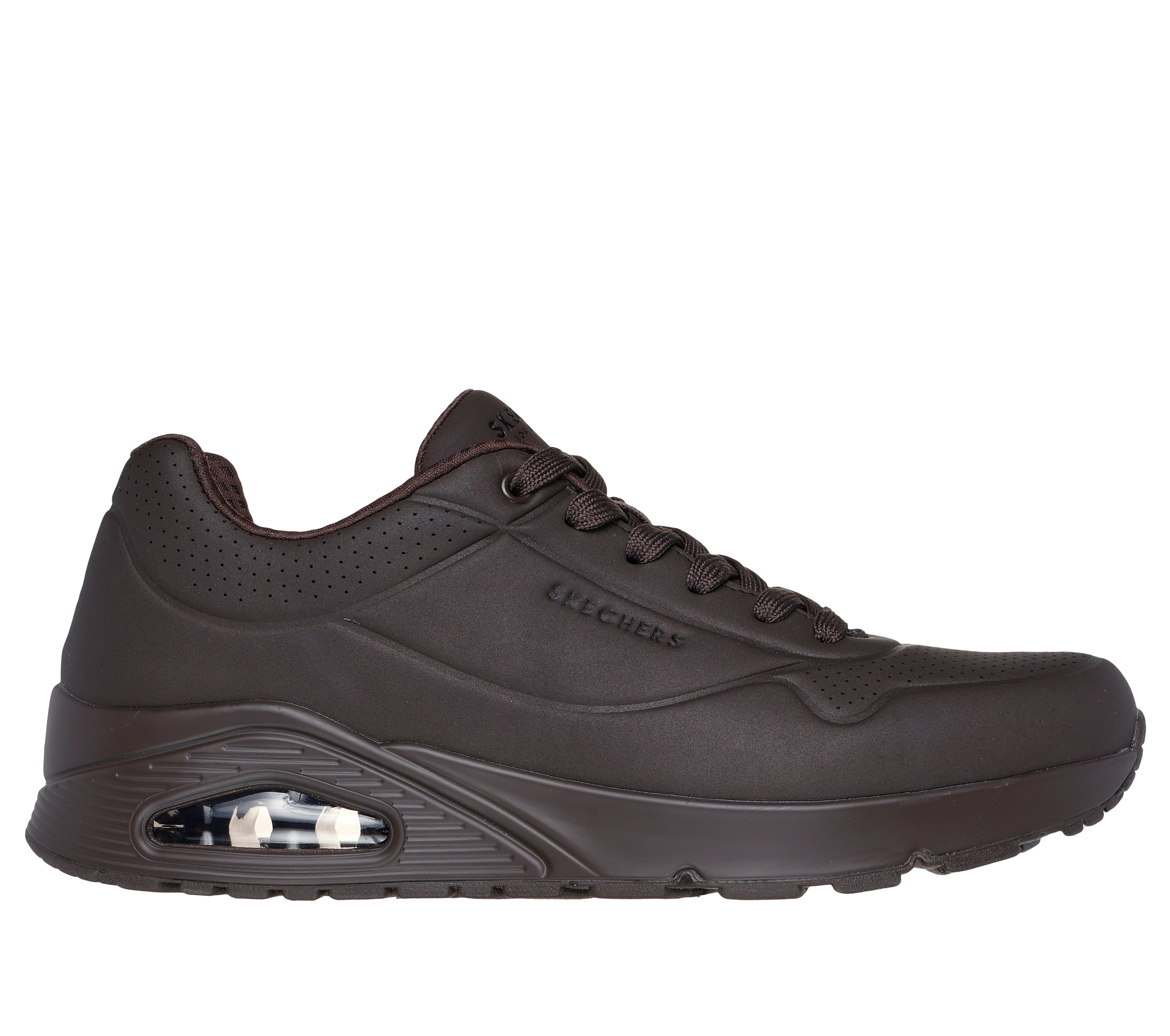 Skechers 52458/CHOC UNO - STAND ON AIR Mens Trainers Chocolate side view showcasing synthetic leather and air-cooled memory foam.