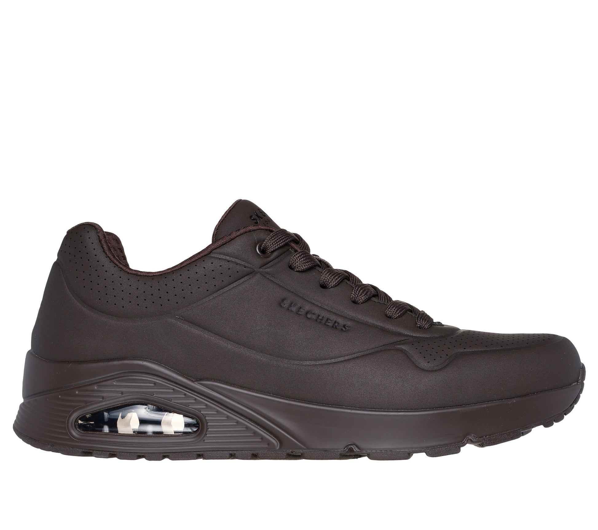 Skechers 52458/CHOC UNO - STAND ON AIR Mens Trainers Chocolate side view showcasing synthetic leather and air-cooled memory foam.