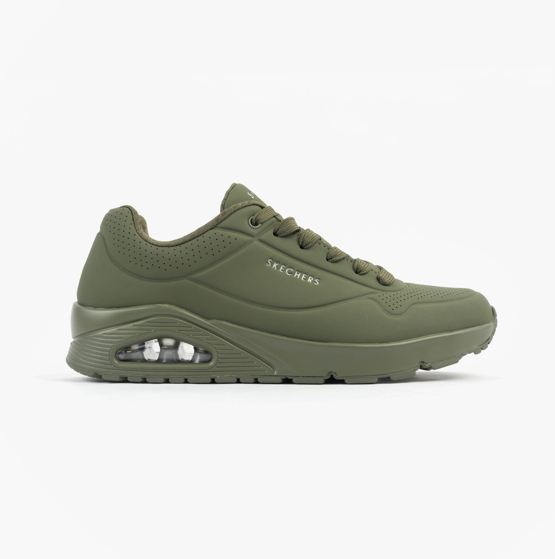 Skechers 52458/DKGR UNO - STAND ON AIR Mens Trainers Dark Green side view showing rubber sole and lace-up design.